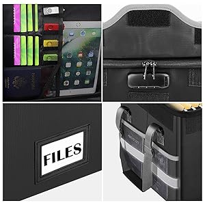 File Box Fireproof Document Box with Lock,File Storage Organizer Box with Mesh Pockets,Collapsible Portable File Box Office File Cabinet with Handle for Hanging Letter/Legal Folder,Black