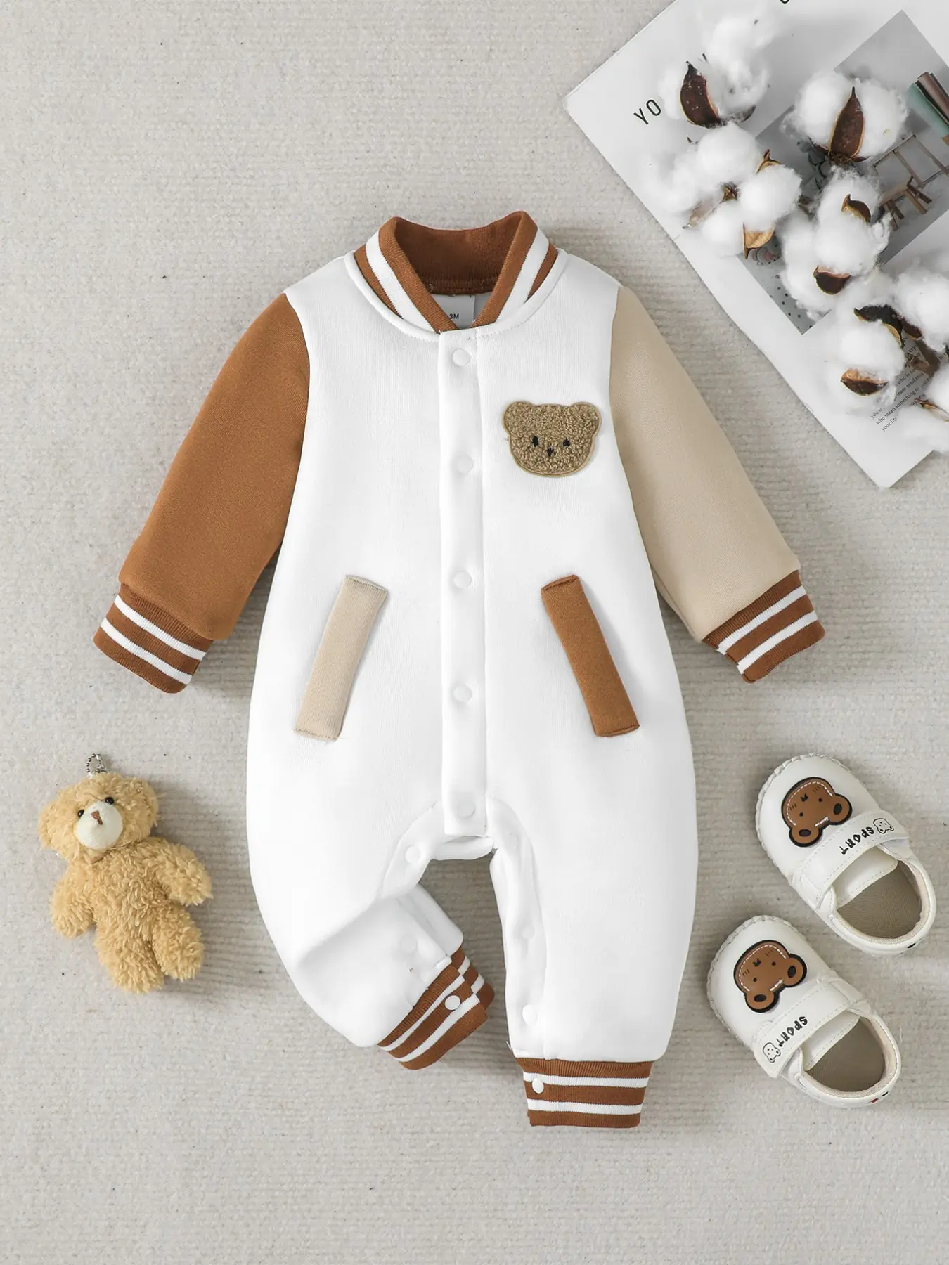 Boys' Long Sleeve Long Pants Onesie, Multi-Color Patchwork, Bear Pattern, Perfect for Fall Winter Casual, Baby Boys Clothing