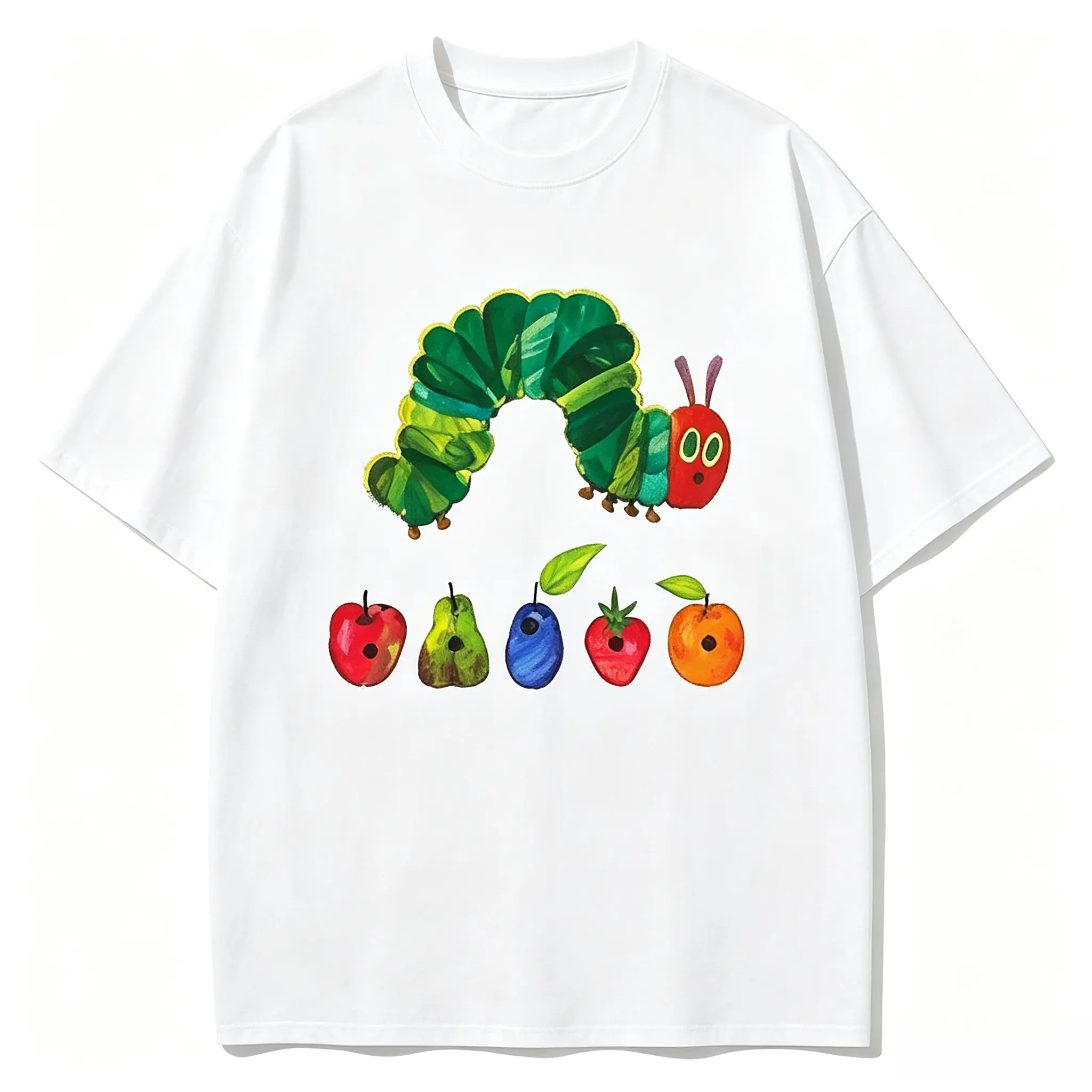 Unisex Oversized Loose-Fit Shortsleeve T-Shirt - Heavyweight Round Neck Neutral Streetwear Top, Vintage Acid-Wash "The Very Hungry Caterpillar" Double-Sided Print Tee, Hiking/Light Outdoor Casual Wear, Machine Washable All-Season Sports Top
