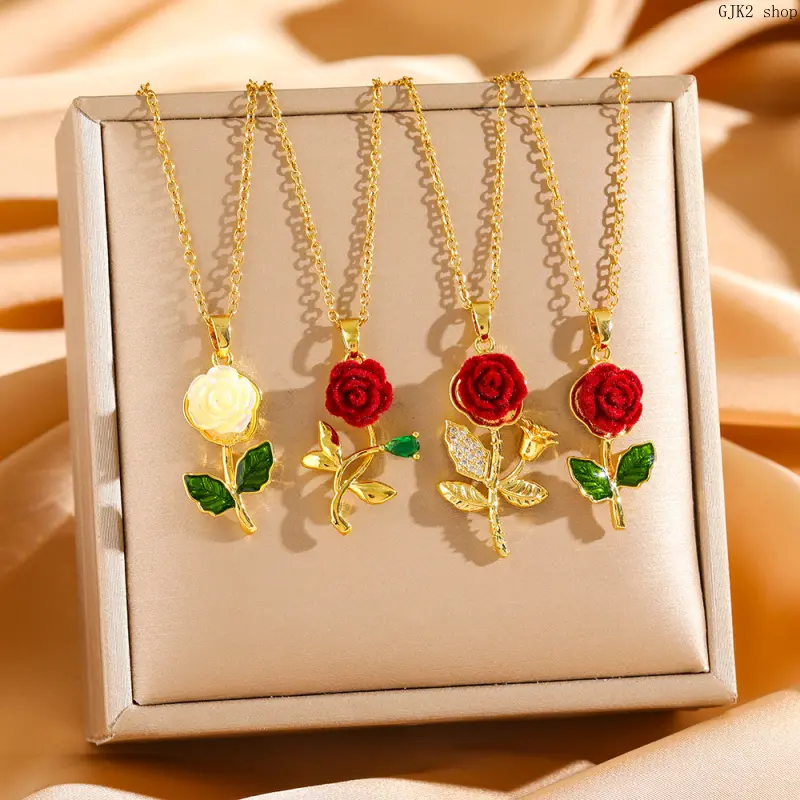 Women's Vintage Enamel Rose Pendant Necklace, Gold-Plated Adjustable Flower Chain, Dainty Floral Jewelry with Bright Finish, Party Gift, Flowers