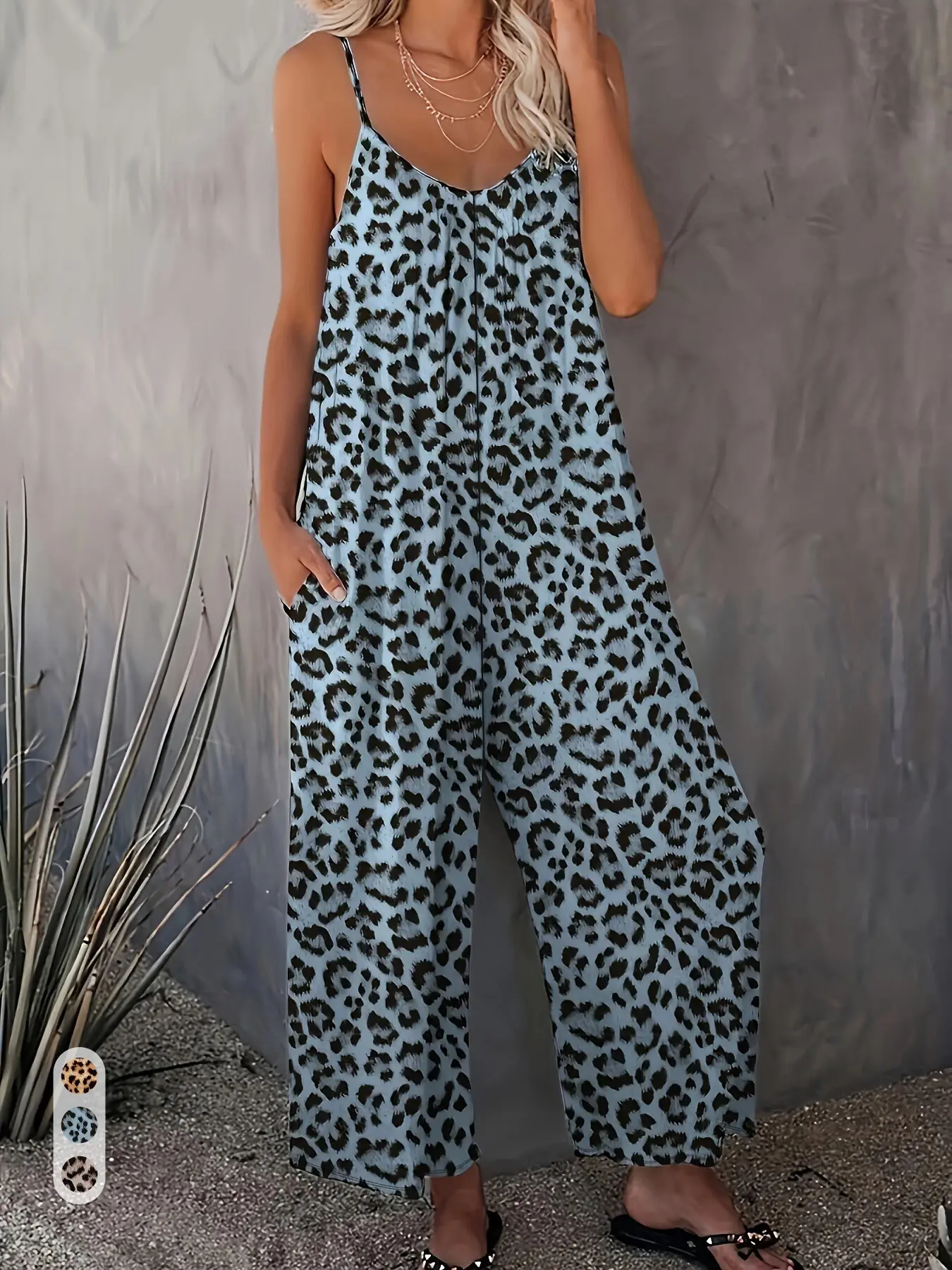 Leopard-Print Wide-Leg Women Oversized Lightweight Rompers Jumpsuit with Spaghetti Straps, Loose Drapey Cropped Style, Flattering Slimming Fit, Casual Outings, Vacation Getaways