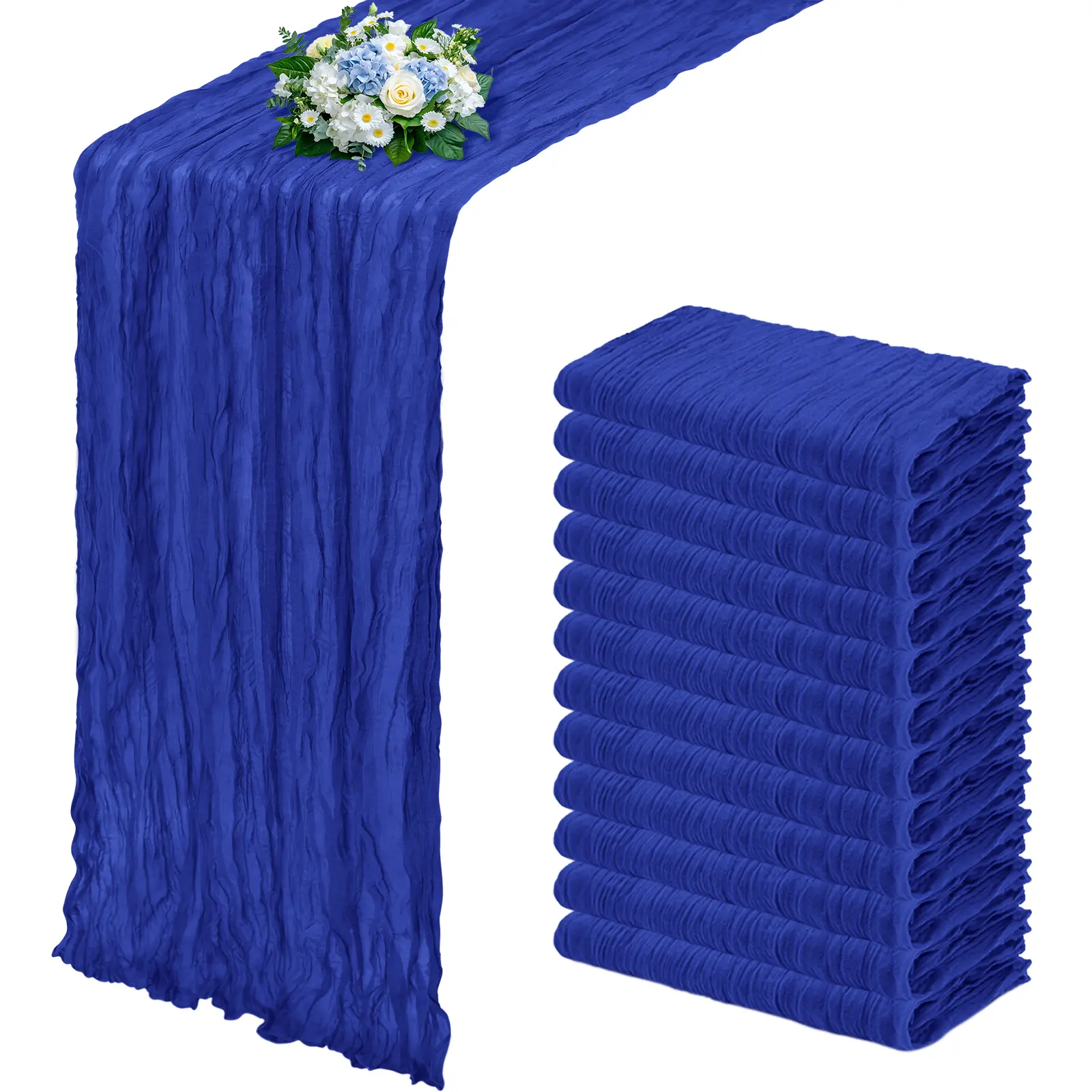 Royal Blue Boho Gauze Cheesecloth Table Runner (6-12 Pack, 17x108 in) - Durable, Pleated Exquisite Edges, Machine Washable for Wedding, Party, Easter, Romantic Vibe Home Decor; Avoid Direct Sunlight