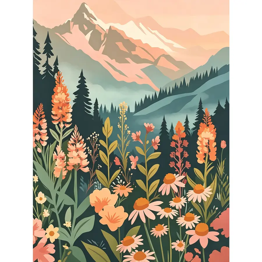 5D DIY Diamond Painting Kit - Diamond Art, Boho Forest & Wildflowers Mountain Landscape, Full Round-Square Drills, Rhinestone Mosaic Craft, Stress-Reliever Handmade Wall Art Ornament Gift for Living Room