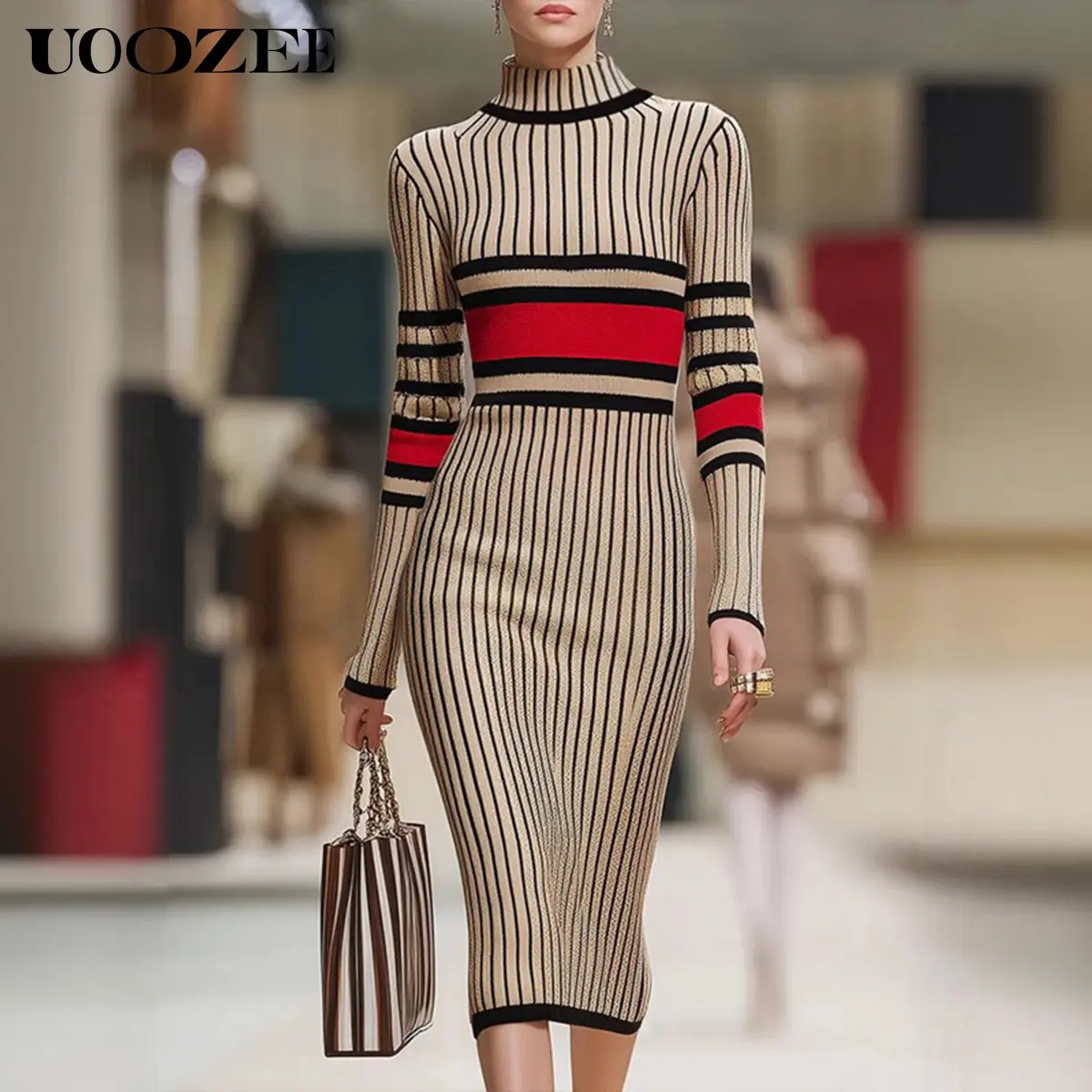UOOZEE Fall Winter Women Turtleneck Striped Knit Midi Dress, Long Sleeve Bodycon Stretchy Color Block Sweater Dress, Fall Winter Elegant Slim Fit Party Casual Dresses, Chic Evening Daily Outfit
