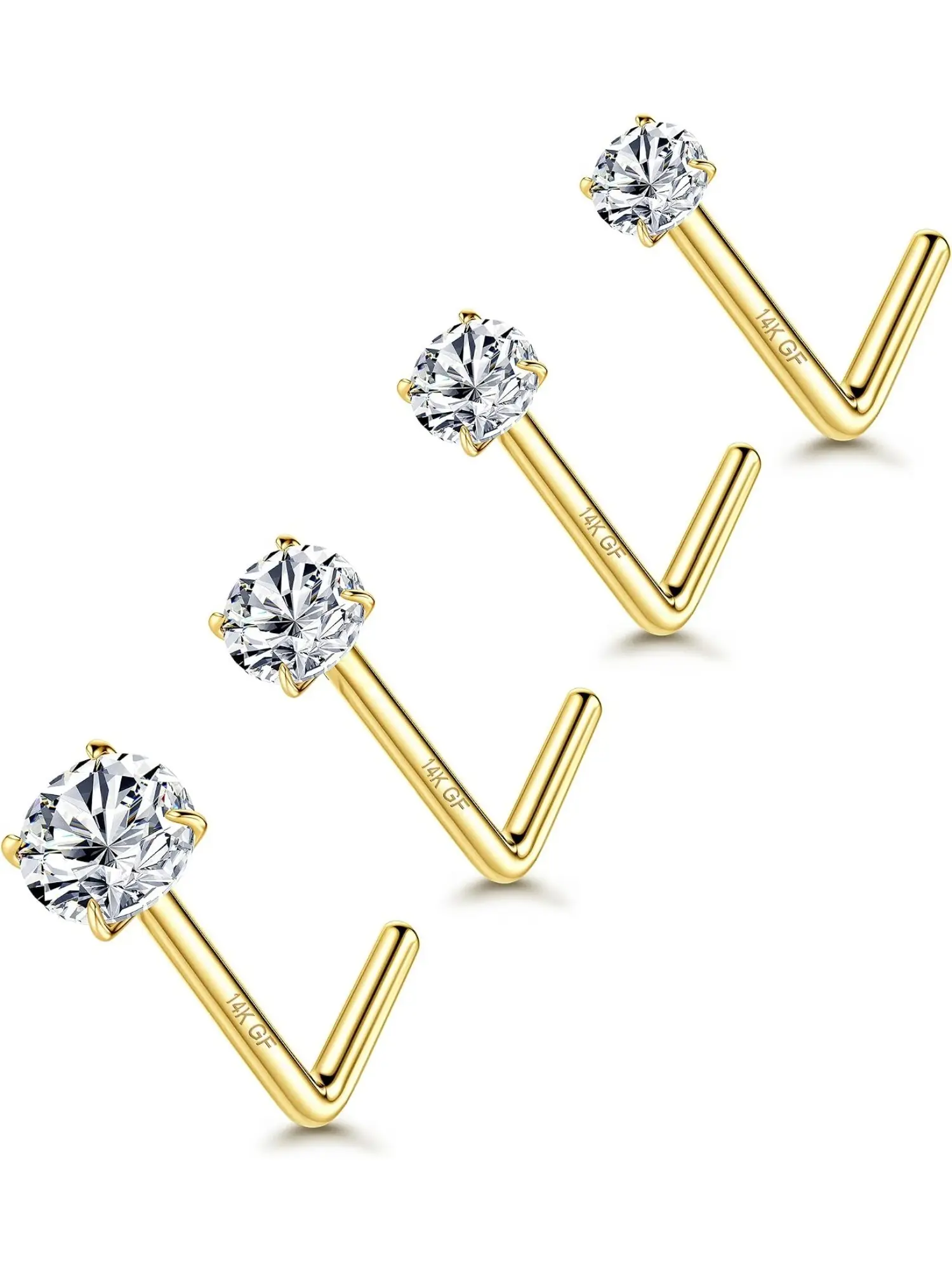 4 Pcs 14K Gold Filled Nose Studs 20G Stainless Steel Stud Nose Ring 1.5-3mm Round CZ Simulated Diamond L Bend Nose Stud Hypoallergenic Nose Piercing Body Jewelry Body Jewellery