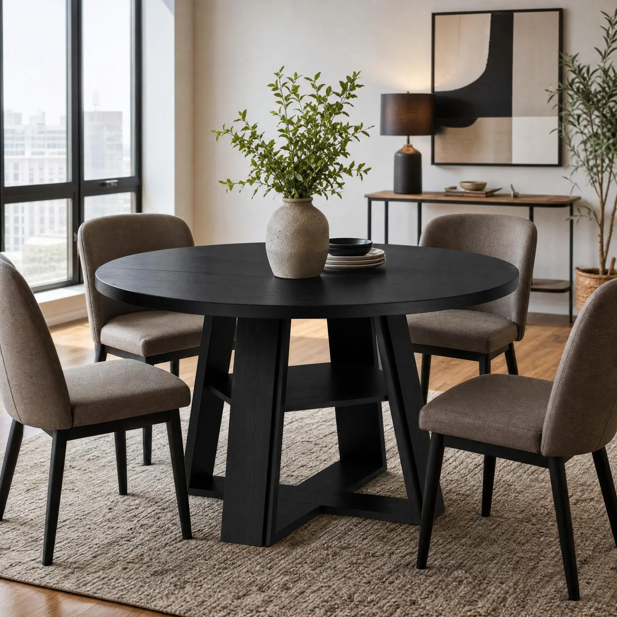 Modern Farmhouse 43'' Round Dining Table with Sturdy Wooden Pedestal, Storage Shelf, Space-Saving Design for Small Kitchens & Dining Rooms, Seats 2-4