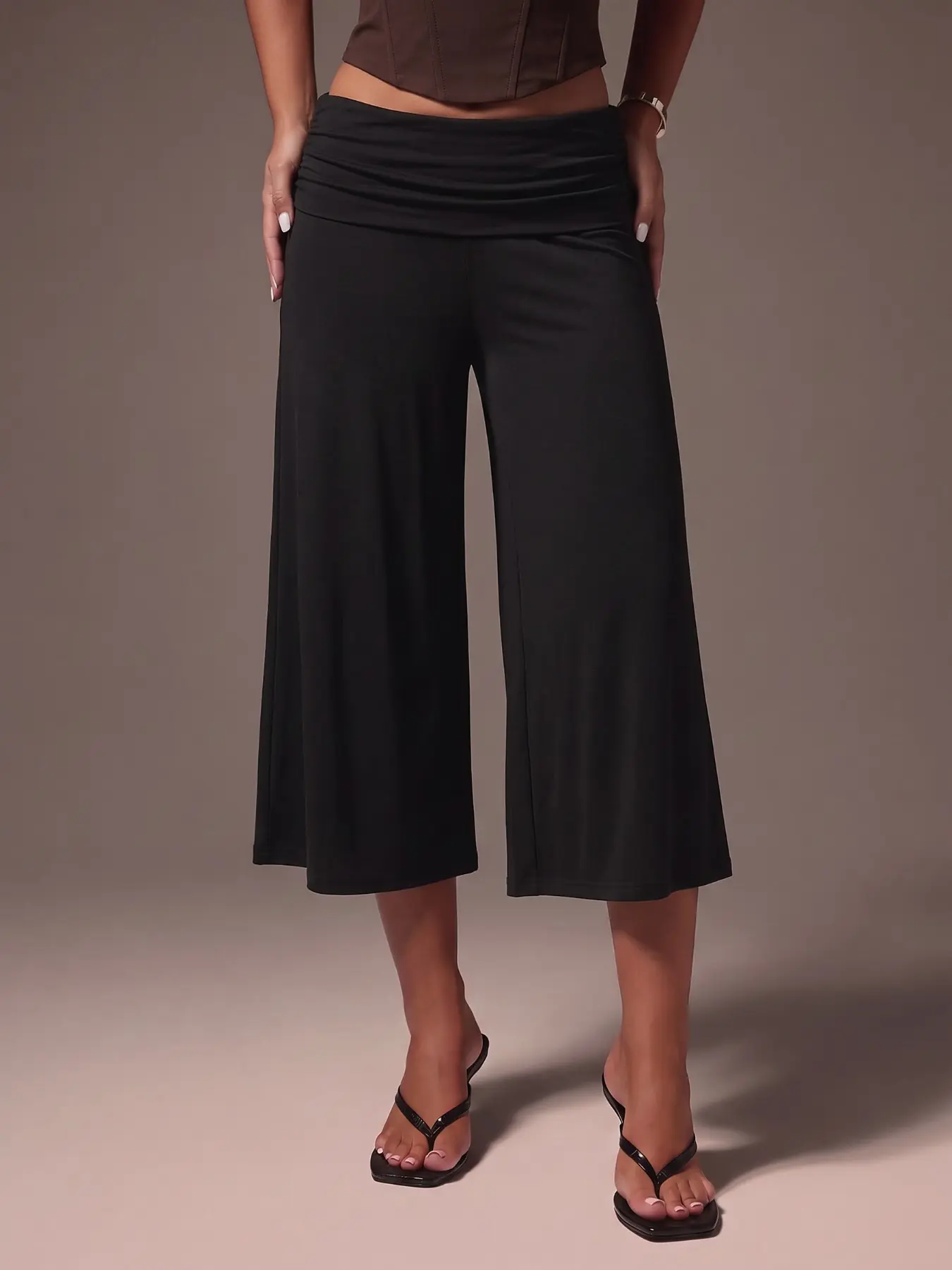 Women's Fold‑Over Waist Cropped Flare Pants, Solid Light Yellow Low‑Rise Ruched Waist Capri Bell Bottom Trousers, Y2K Retro Casual Bottoms, Soft Stretchy Pants for Daily Outing Walking Shopping Vacation Leisure Street Outfits, Trendy Versatile Women Fashi