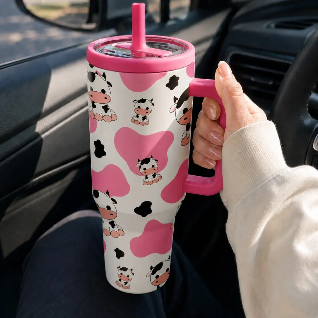 1PC 40oz Cute Cow Pink Cow Print Insulated Tumbler with Handle & Straw, Double Wall Vacuum Leak-Proof Travel Mug, Hot 12H Cold 24H, Large Capacity Cup for Men Women Teens, Birthday Christmas Farm Animal Lover Gift