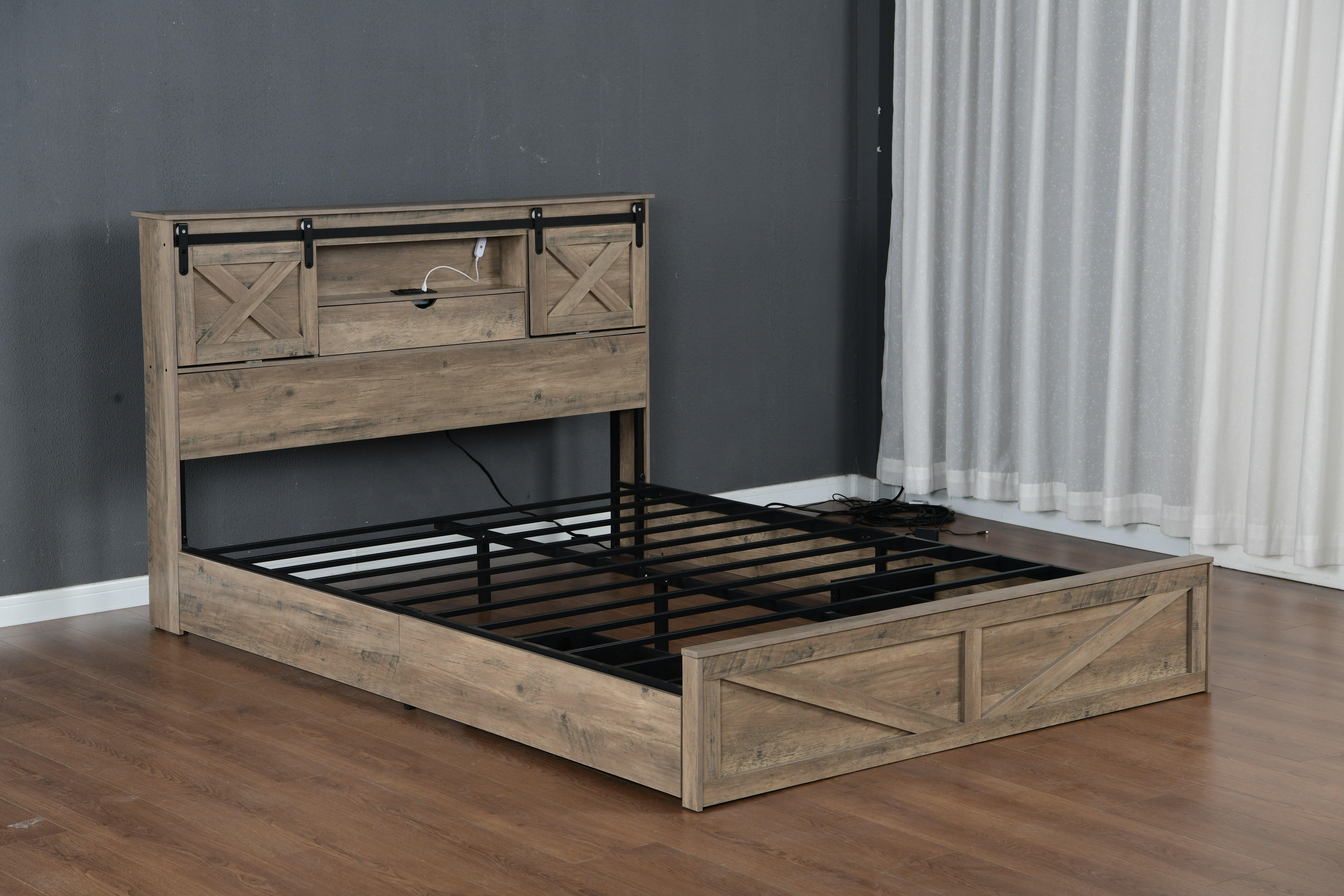 [Bellemave]Queen/King/Farmhouse Bed Frame King Size with LED Lights and Charging Station, Wooden Queen Bed with 2 Storage Drawers, Rustic Headboard with Sliding Barn Door Storage Cabinets