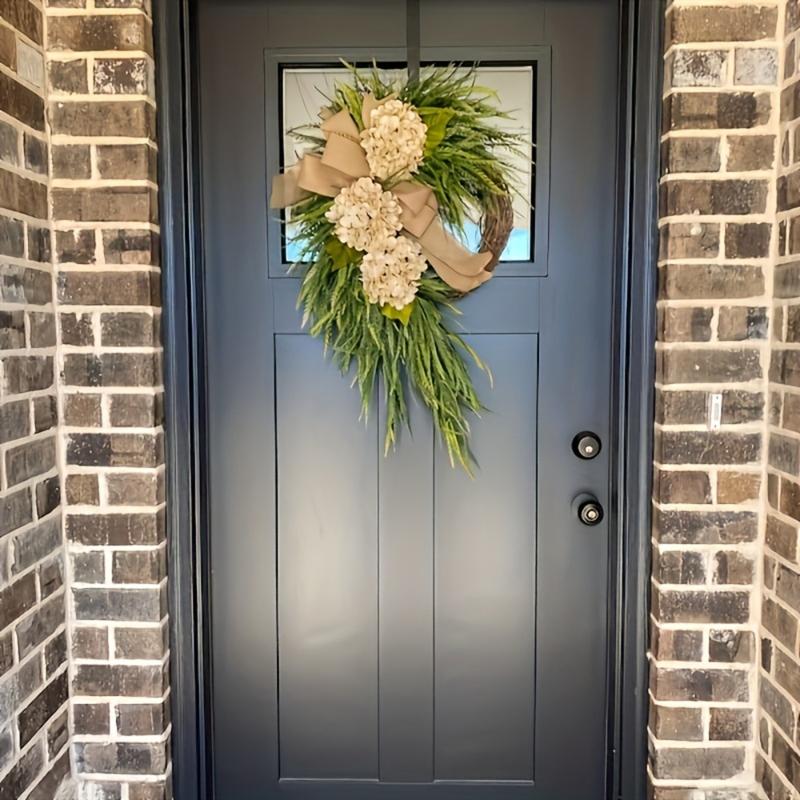 Rustic Bohemian Wreath (Double-Sided Door Hanger, Beige/ Greenery with Bow) | Natural Farmhouse Aesthetic Style, & Faux Plant Material | Front Door Decor, Living Room Accents, Holiday Ornaments (Christmas/ Easter/ Thanksgiving/ Halloween/ Hanu