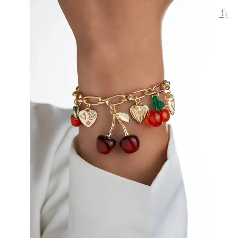 Cute Zinc Alloy Bracelet for Women with a Sweet Cherry, Heart & Bow Pendant, Adjustable Single-Layer Chain, Fashion Jewelry Gift, Daily Wear, Charm Bracelet, Accessories For Women