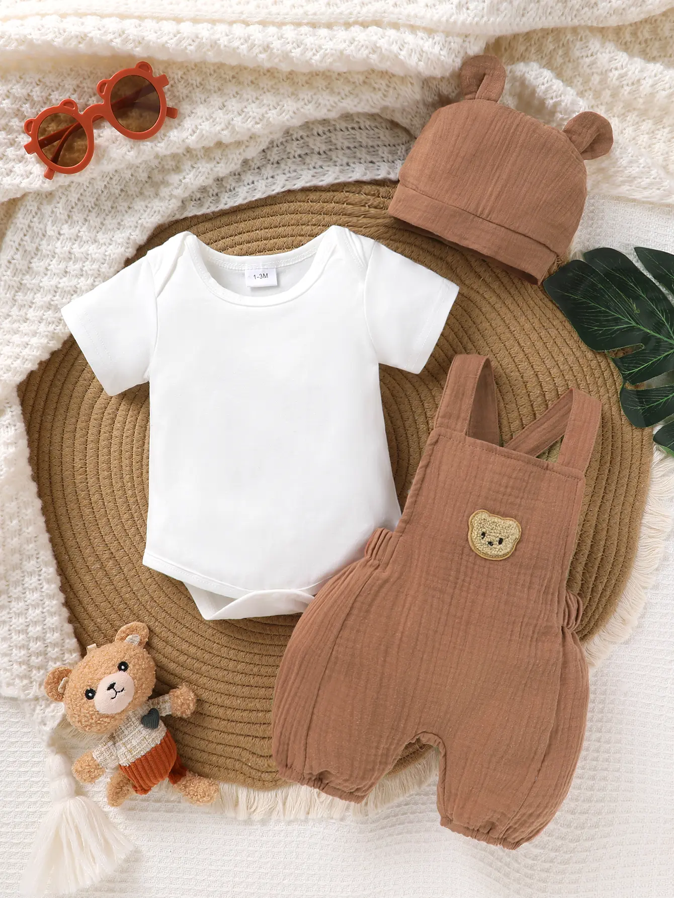Baby Boy 3-Piece Cotton Gift Set - Embroidered Bear Romper Shorts, Solid Round Neck Bodysuit, 3D Cartoon Hat - Soft, Comfortable Casual Newborn Clothes for Everyday Wear, Vacations