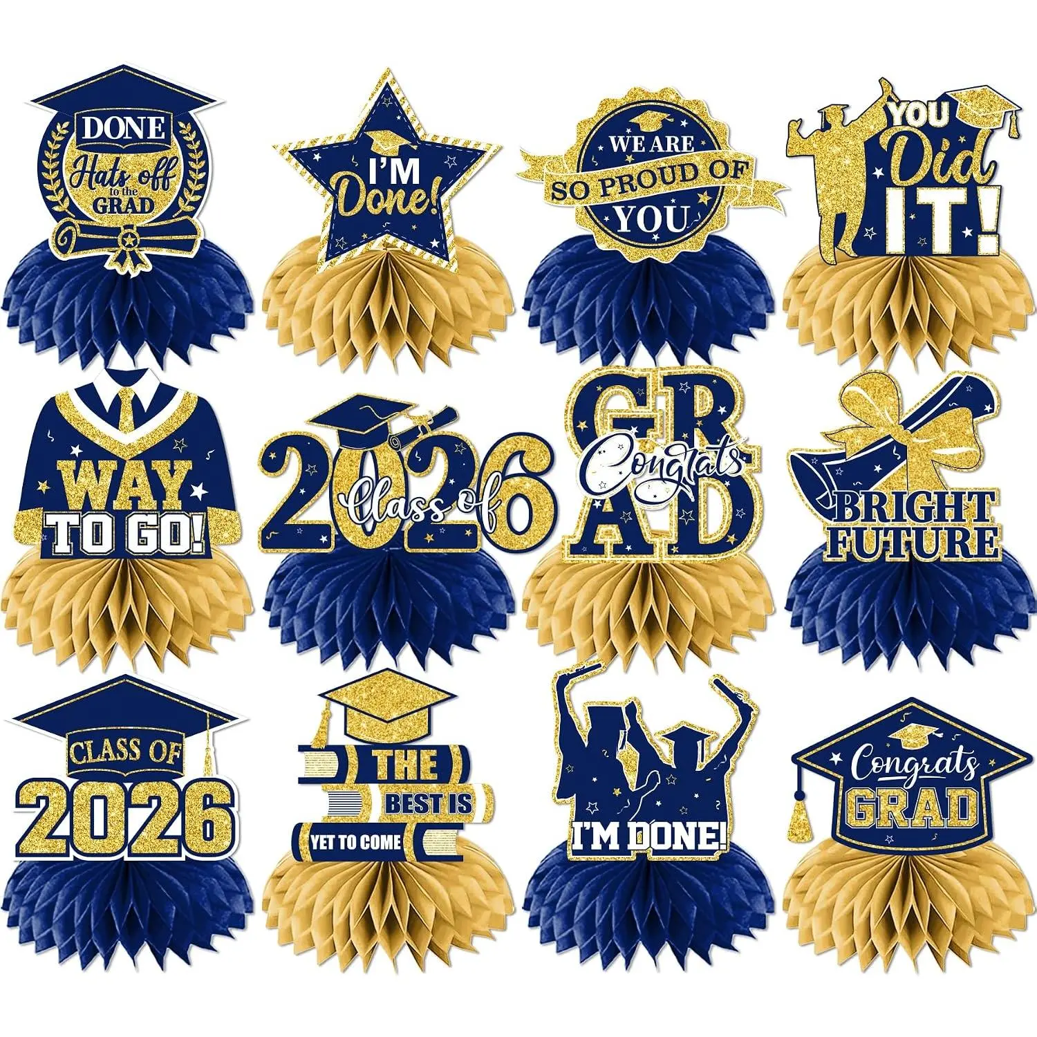 12 count Navy Blue Graduation Decorations Hoenycomb Centerpieces, 2026 Glitter Graduation Decorations Navy Blue Graduation Table Decorations Congrats Grad Class of 2026  Graduation Table Toppers
