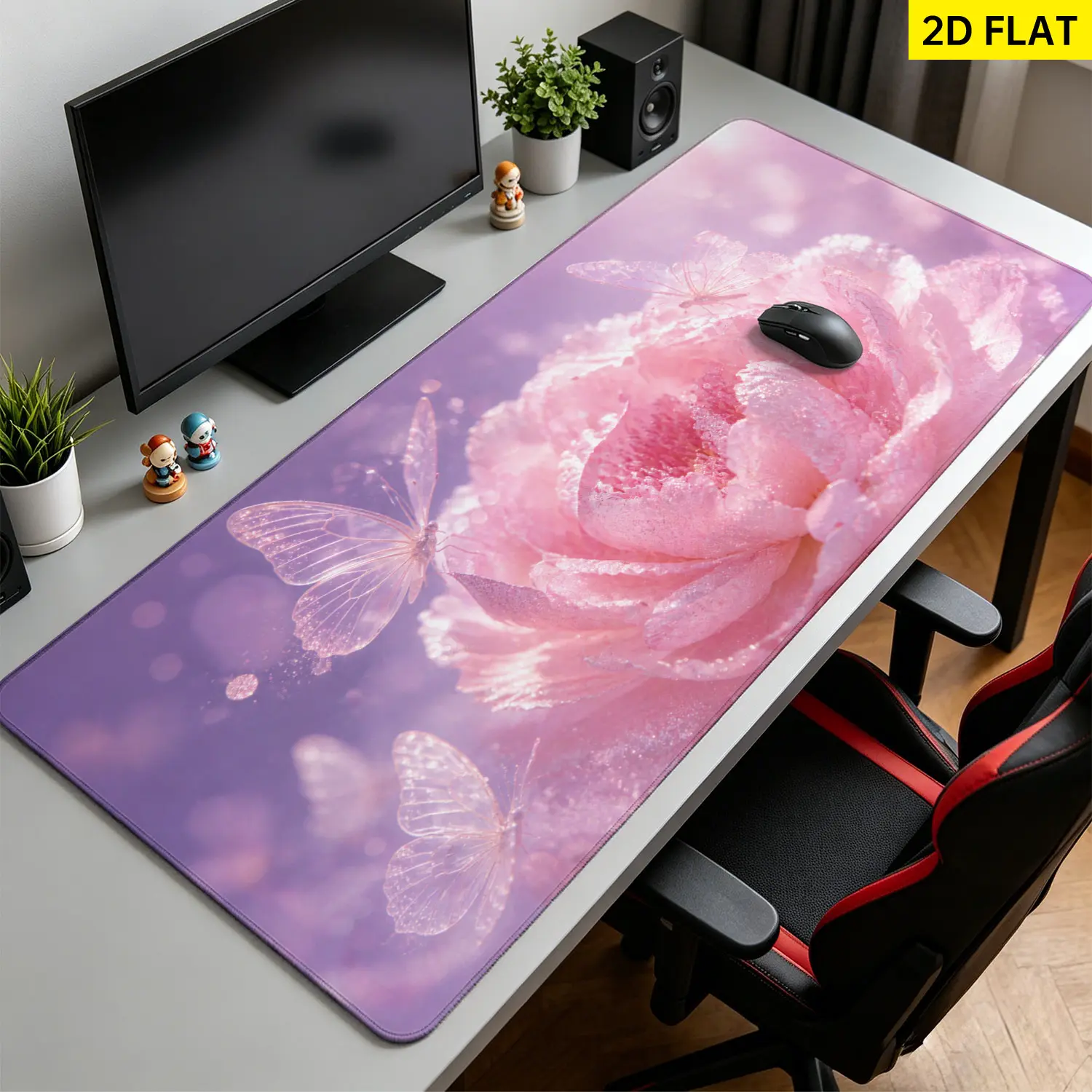 Extra Large dreamy pink peony and butterfly Mouse Pad,Non Slip Rubber Pad,Desktop Decoration Drotection Pad,Washable,Lock Edge Multi Size,Premium Multipurpose Mousepad For Office,Study Room,Gift for Family and Friends