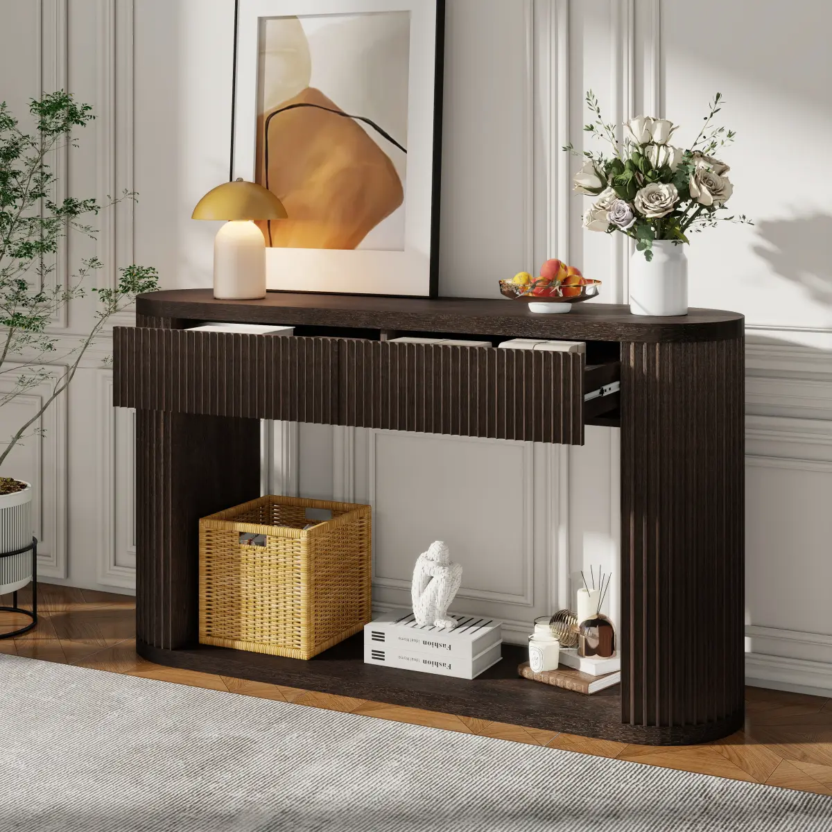 Oval Fluted Console Table with 2 Drawers and Bottom Shelf, Wood Entryway Table with Smooth Metal Slides for Living Room, Entryway (Espresso)