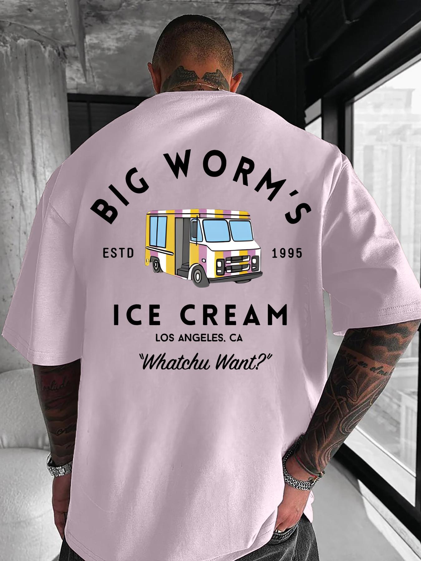 Men's Cartoon Ice Cream Truck & Letter Print Round Neck Tee, Loose Street Fashion Casual Short Sleeve T-shirt for Daily Wear, Men's Clothes for All Seasons, Casual Fit Streetwear