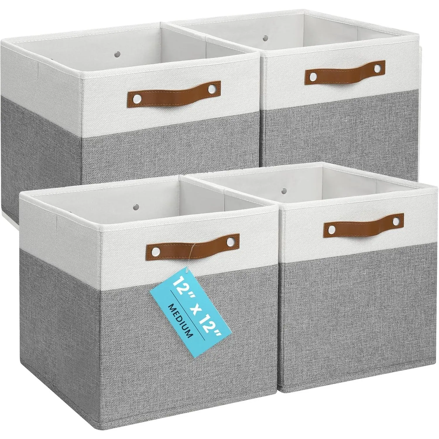 12x12 Cube Storage Bins, Set of 4 - Fabric Storage Cubes | Sturdy, holds its shape; odor-free; fits 12-inch cube shelves; vegan leather handles