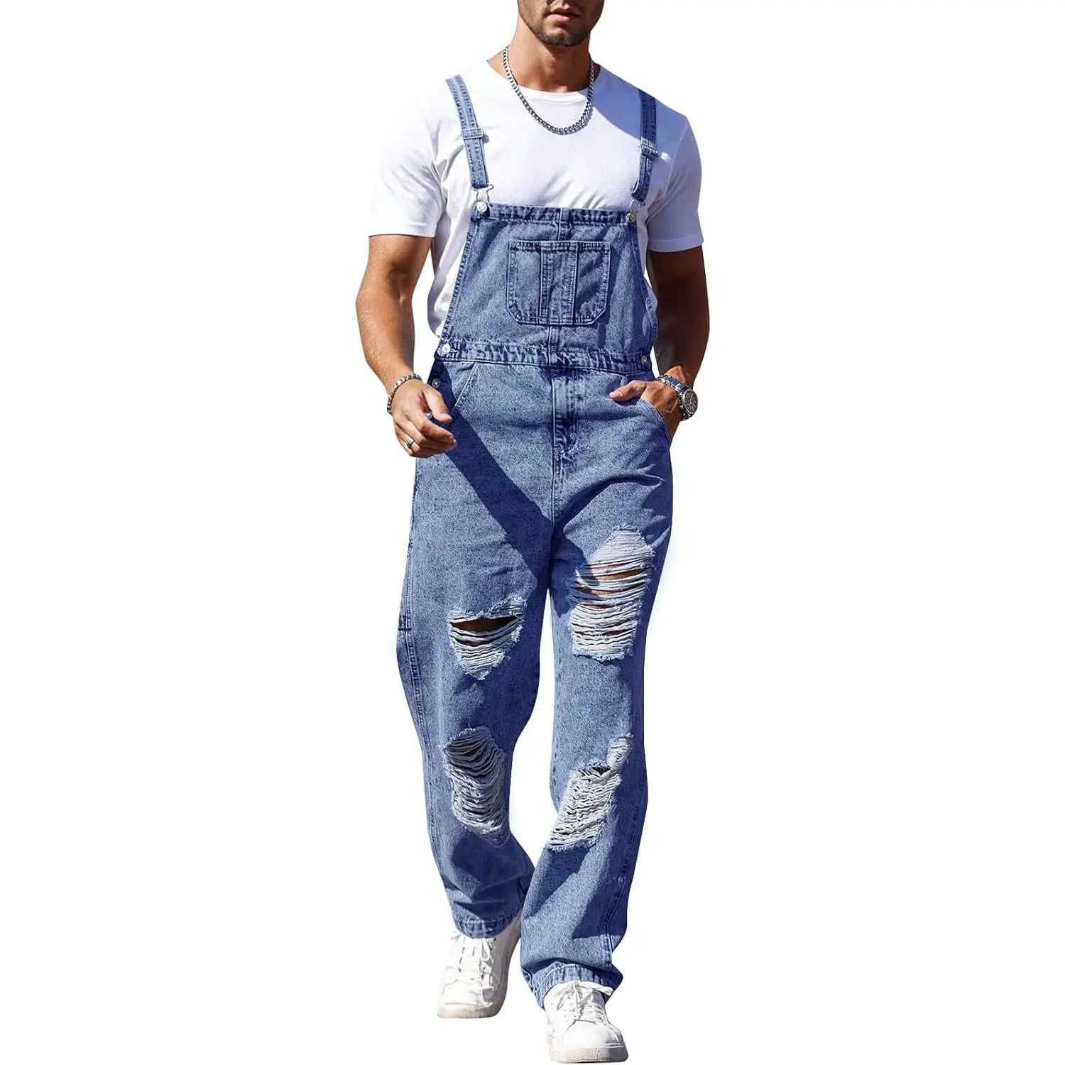 Men's Bib Overalls, Casual Distressed Woven Denim with Adjustable Straps and Pockets for Everyday Wear, Distressed Bibs