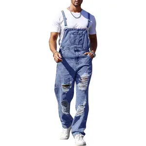 Menswear Sleeveless Denim Bib Overall - Ripped, Distressed, Adjustable Strap, Adjustable Waist Denim Jumpsuit with Pocket, Casual Overalls for Work Use