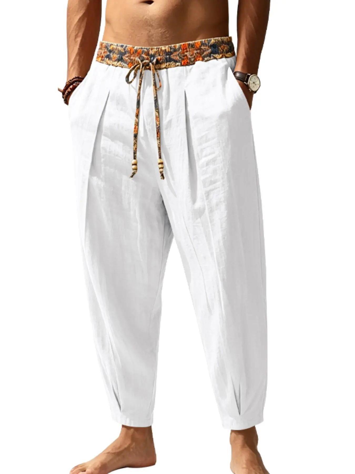 Men's Bohemian Linen Harem Pants, Ethnic Print Drawstring Waist Long Pants, Lightweight Breathable Beach Pants, Loose Fit Plain Bottoms, Chic Boho Trousers