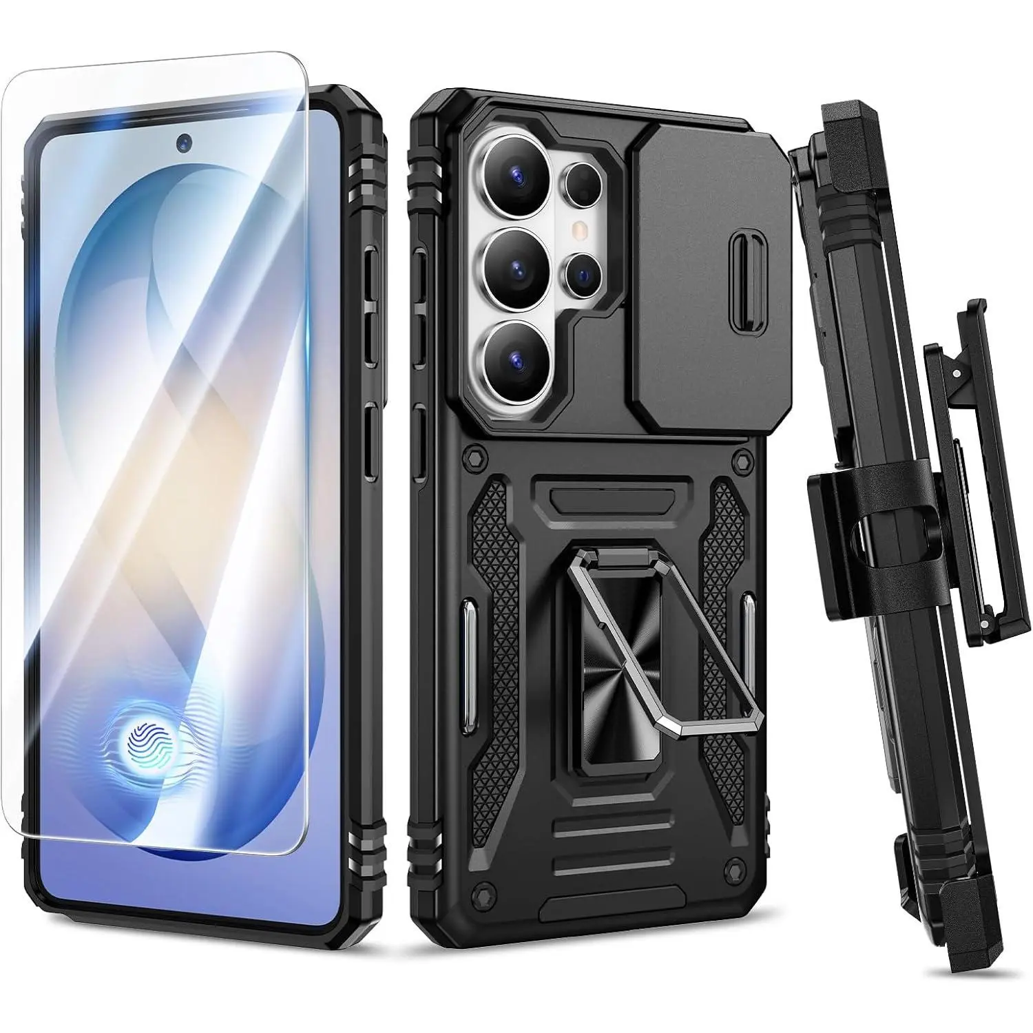 Military Grade Rugged Protection Cellphone Case for Samsung Galaxy S26 Ultra - Drop Proof Cover, Slide Camera Protector, Belt Clip Holster, Tempered Glass Screen Protector, 360° Ring Kickstand, Black Devices Accessory