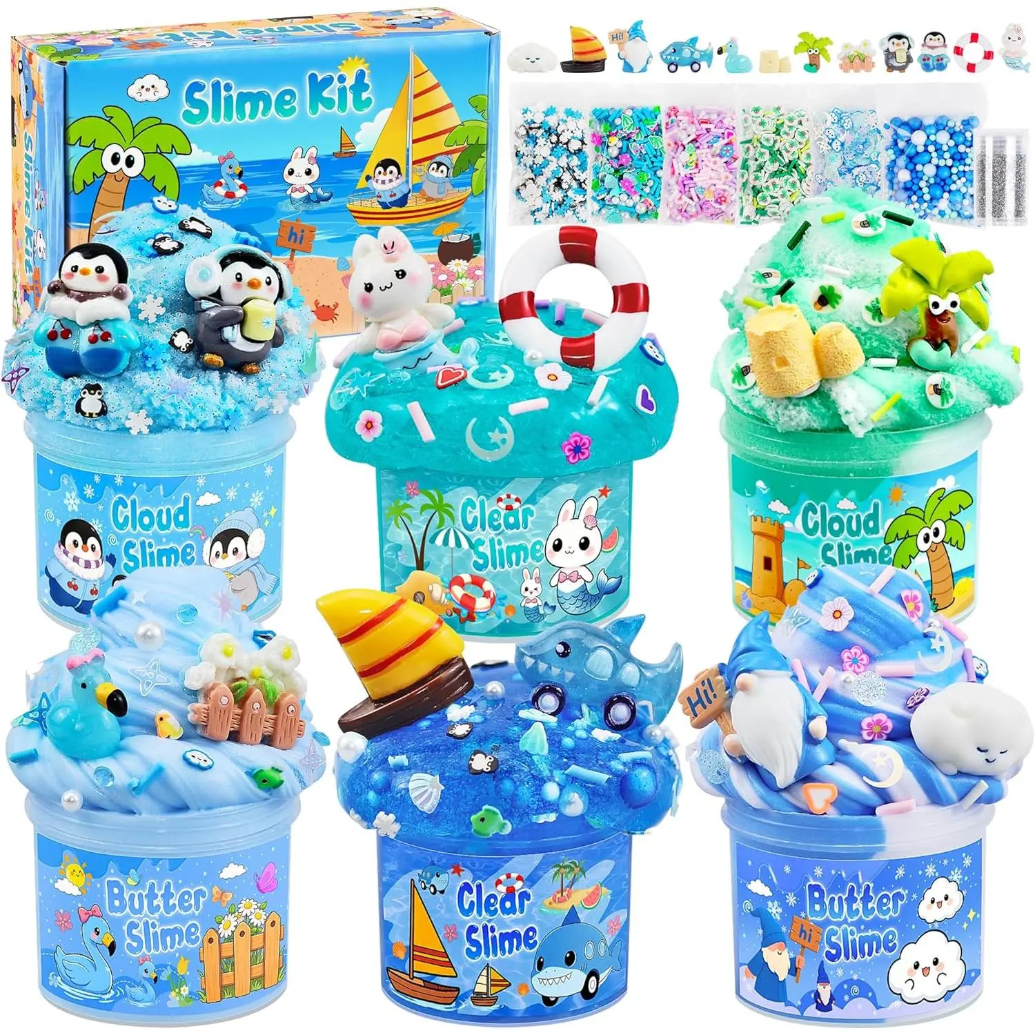 6 Pack Blue Ocean Slime, Clear Butter Cloud Slime Kits for Girls Ages 8-12, Non-Stick Kids Slime Party Favor Toys with Add-Ins, Birthday Goodie Bag Stuffers Easter Valentines Day Gifts for Kids