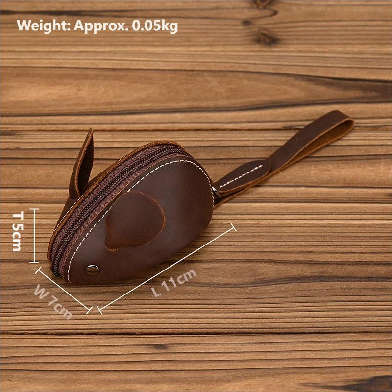 Unisex Crazy Horse Leather Card Holder & Coin Purse | Genuine Cowhide Mini Wallet, Cute Mouse Animal Design, Zipper Closure Slim Card Case, Durable Lightweight EDC Pocket Wallet for Daily Casual Use