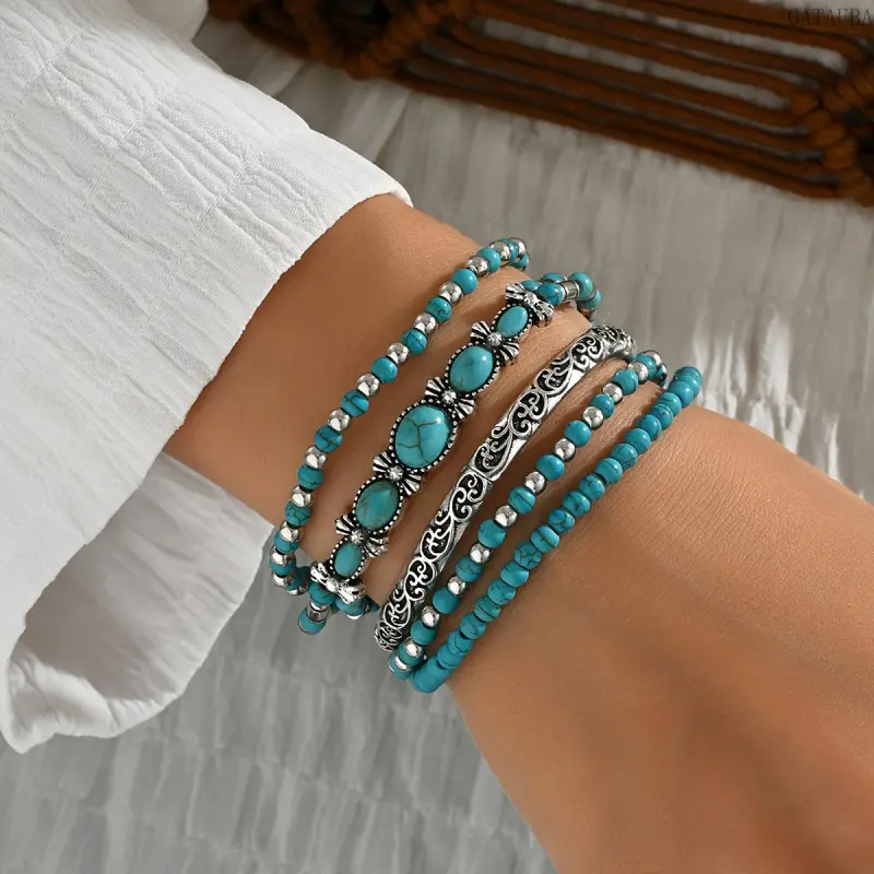 Women's Boho Vintage Bracelet Set, 5-Piece Stackable Turquoise Gemstone Beaded Stretch Jewelry for Daily Wear & Vacation Gift