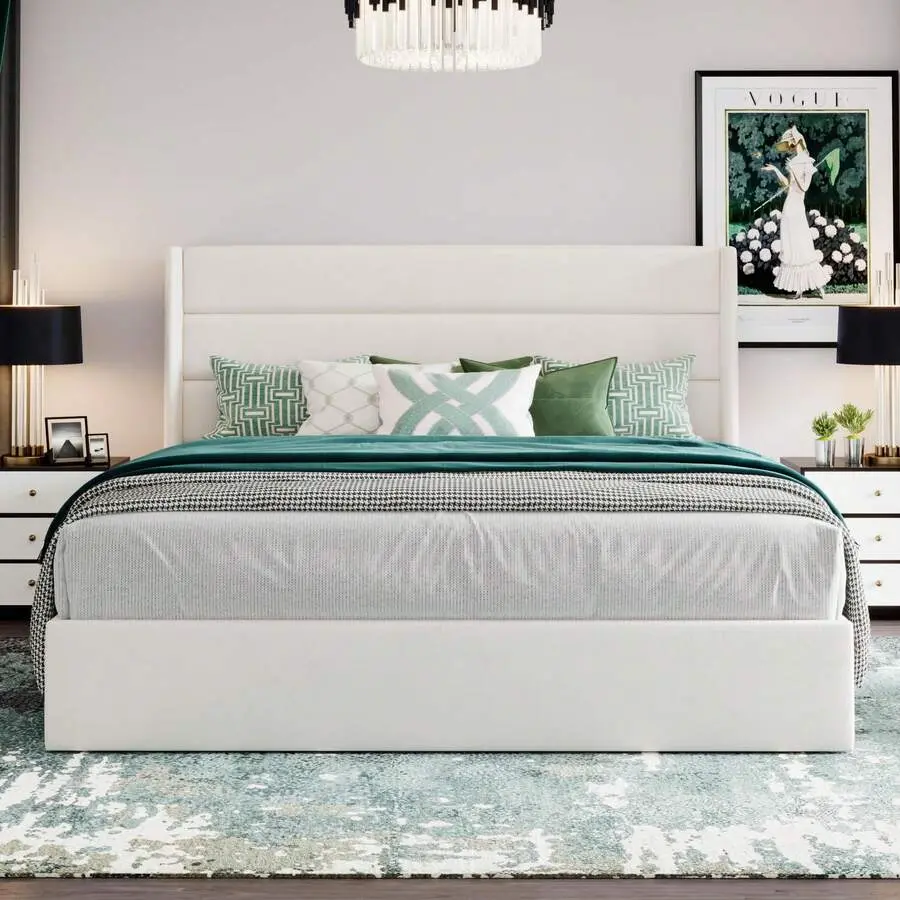Hydraulic Lift Storage Bed Frame - Full/Queen Size, Modern Upholstered Wingback Headboard, Wood Slats Support, No Box Spring Needed, White, Hydraulic Lift Bed