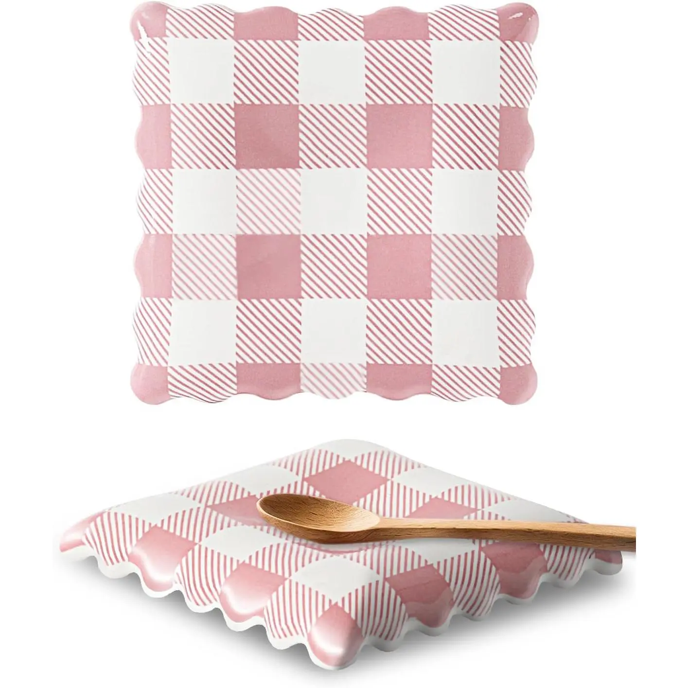 Thick Ceramic Cutlery & Tableware Rest, Pink Gingham Spoon Holder for Stove Top & Kitchen Counter, Cute Kitchen Decor