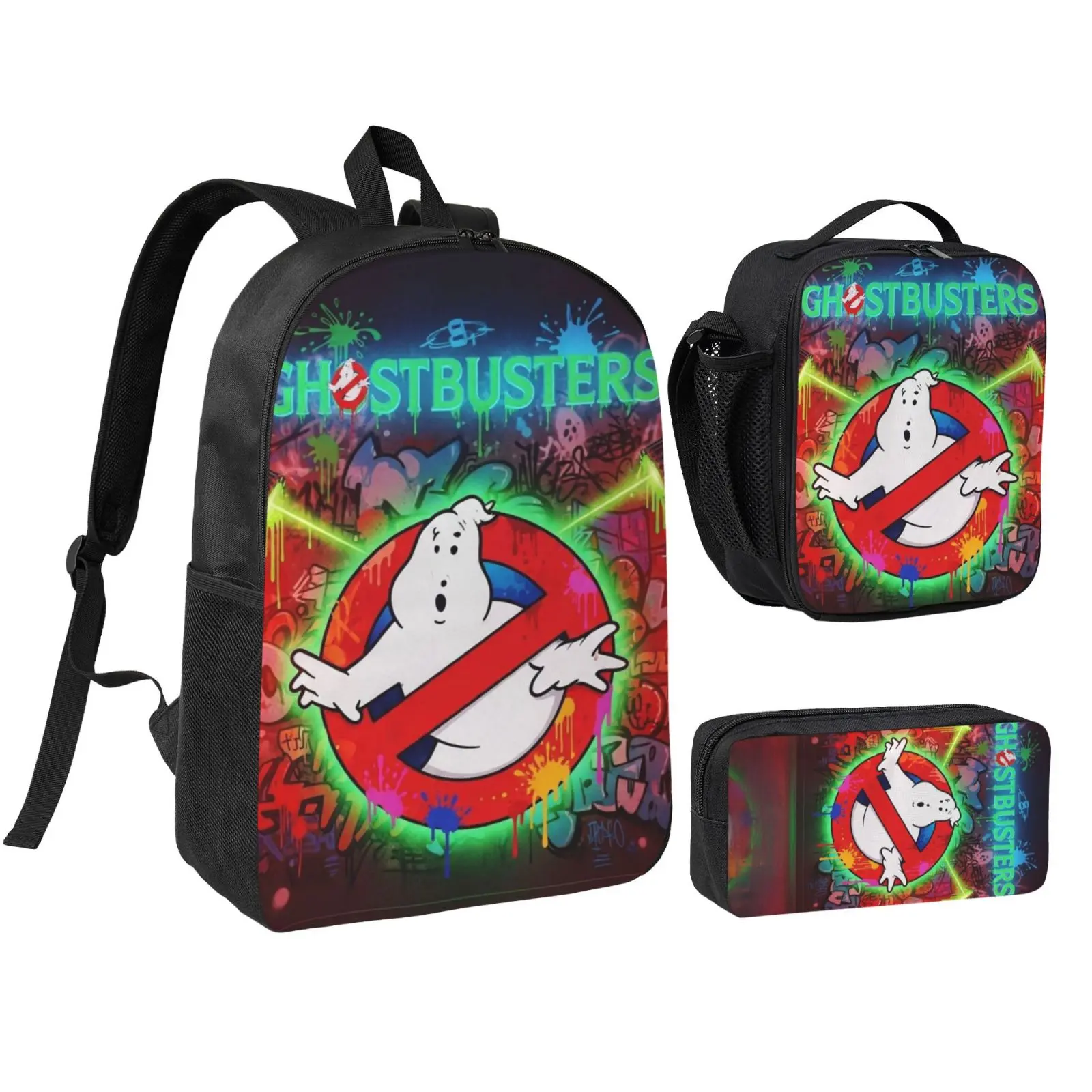 Anime Ghostbusters 3Pcs School Backpack Set for Teens Boys Girls, Adjustable Strap Kids Bookbag with Insulated Lunch Bag & Pencil Case, Lightweight Travel Office Daypack