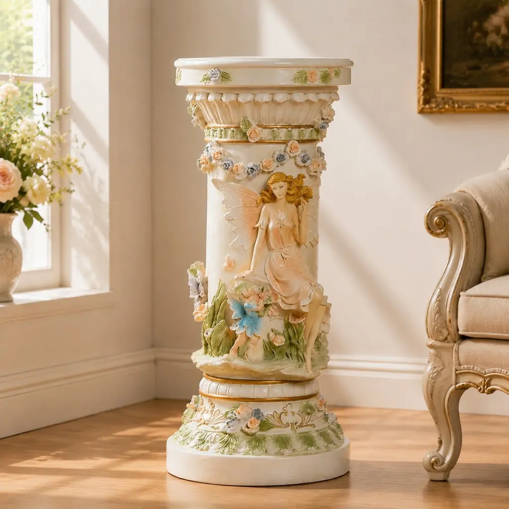 33" Antique Luxury Resin Roman Column Pedestal with Fairy-Floral Relief - Decorative Pillar Display Stand for Living Room, Entryway Home Aesthetic Festive Decor