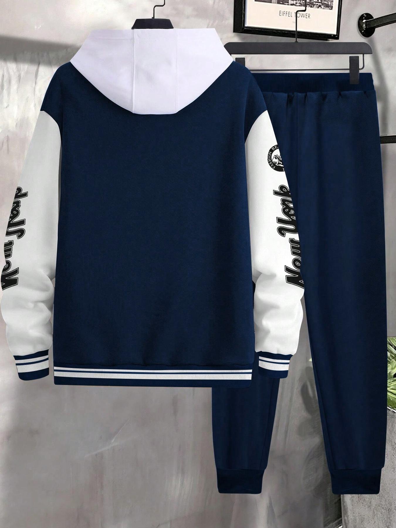 Two-Piece Set Matching Sets Men's Colorblock Letter Print Button Front Jacket & Drawstring Waist Sweatpants, Regular Fit Casual Long Sleeve Outerwear & Pocket Jogger Pants for Daily Wear, Men's Outfits for Fall & Winter