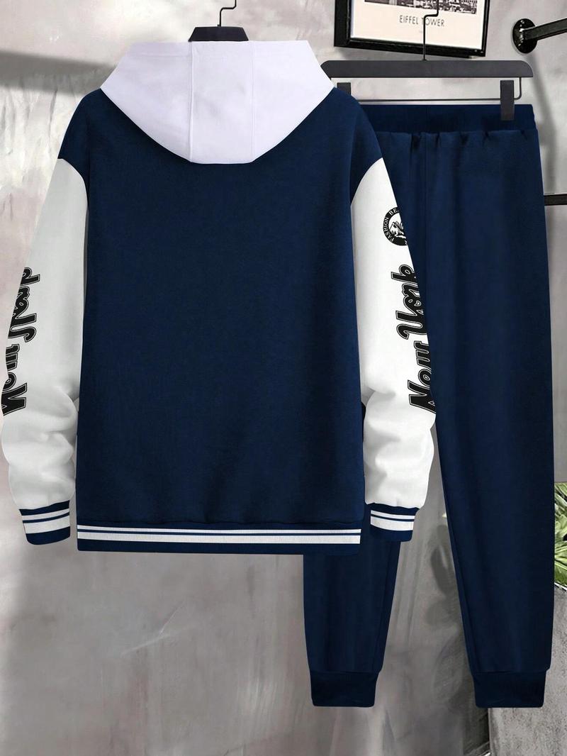 Two-Piece Set Men's Colorblock Letter Print Button Front Jacket & Drawstring Waist Sweatpants, Regular Fit Casual Long Sleeve Outerwear & Pocket Jogger Pants for Daily Wear, Men's Outfits for Fall & Winter