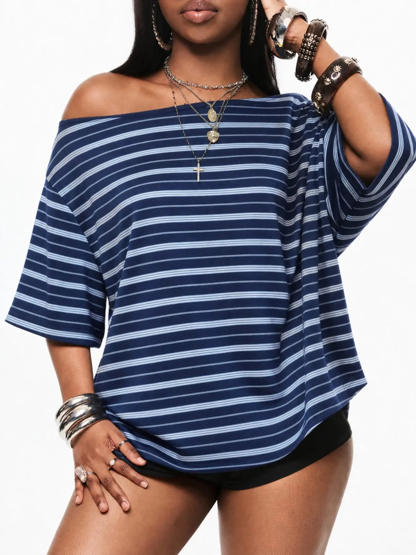Women's Blue White Stripe Off Shoulder Loose Short Sleeve T-Shirt, Casual Y2K Streetwear Top, Casual Everyday Tops
