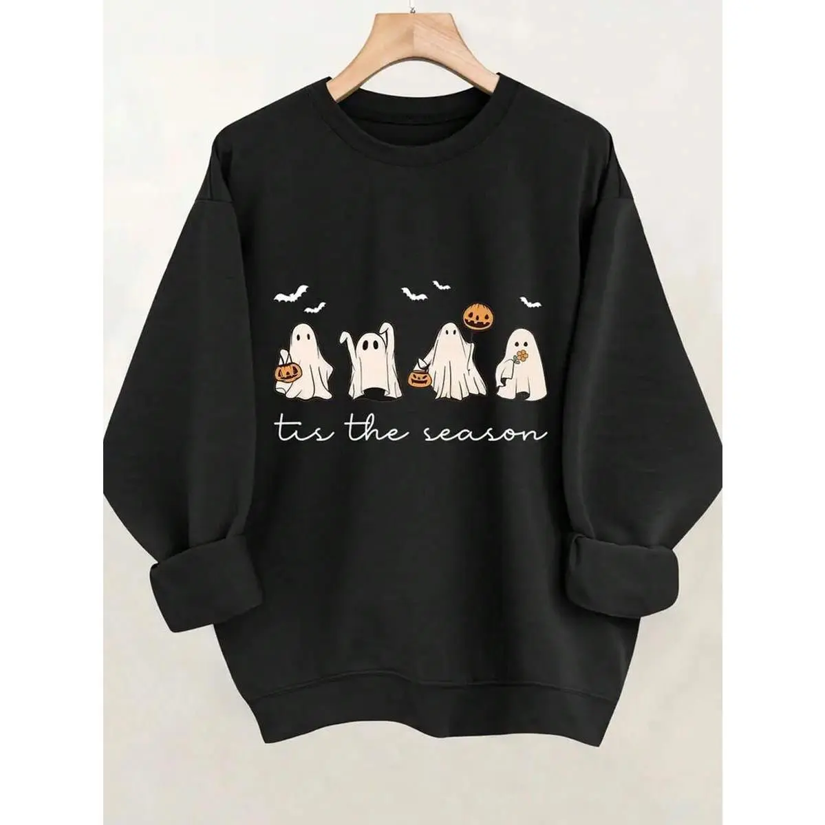 Women's Halloween Ghost Print Long Sleeve Pullover Sweatshirt, Round Neck Regular Fit Top, Suitable For Autumn