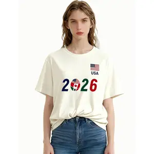 Women's Plus Size T-Shirt, Casual Oversized USA 2026 Soccer Graphic Tee Dress, Comfortable Short Sleeve Cotton Top