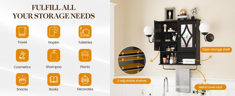 RoyalCraft 22x25 Bathroom Medicine Cabinet with Mirror, Large Wood Wall Mounted Storage Cabinet with Shelves and Towel Bar, Over The Toilet Storage Cabinet for Bathroom, Laundry, Living Room