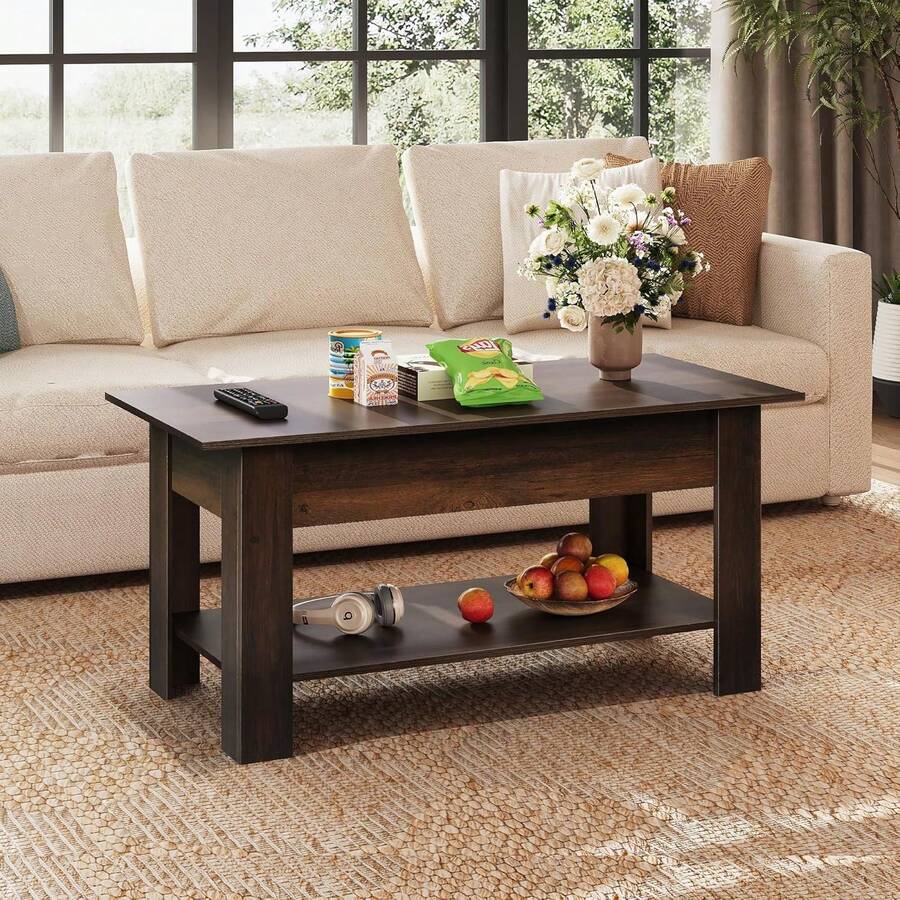 39" Rustic Style Coffee Table, Lift Top Design with Hidden Compartment & Storage Shelf, Space-Saving Organizer for Living Room, Office Reception Room, Home & Office Use