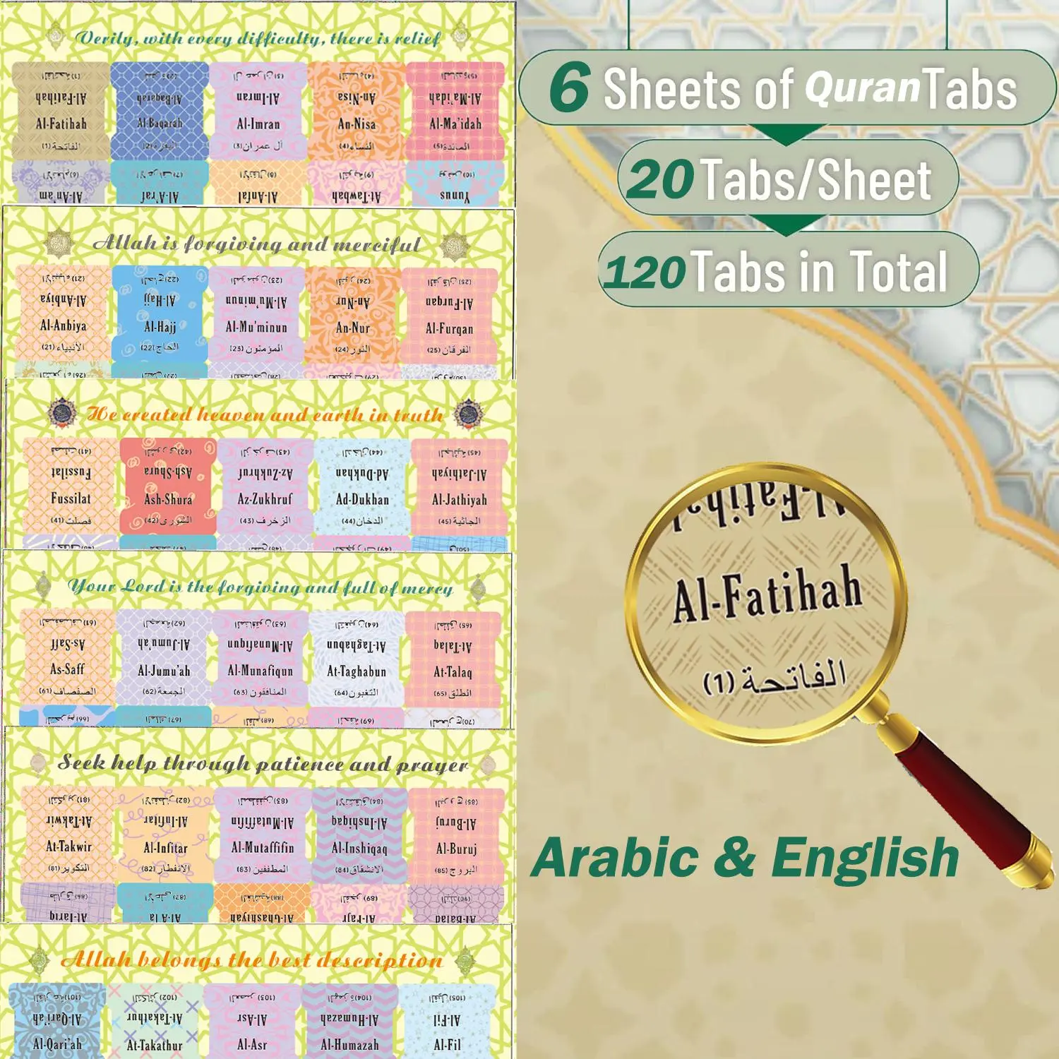 Self-Adhesive Quran Tabs, 120 Pcs/Set Tear-Resistant Surah Organizer Labels with Islamic Designs, Quran Study Accessories & Islamic Gifts, Bookmarks, Sticky Labels