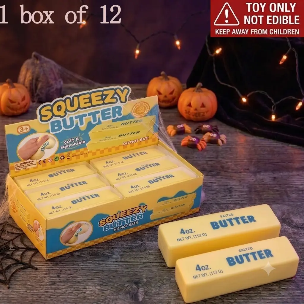 1 Box of 12 Butter Stick Squishy Toys, Squeeze Fun Stress Relief Toys, Perfect for Kids Party Gifts, Halloween Candy Bag Filler, Wedding Gift Basket Toy, Christmas Presents