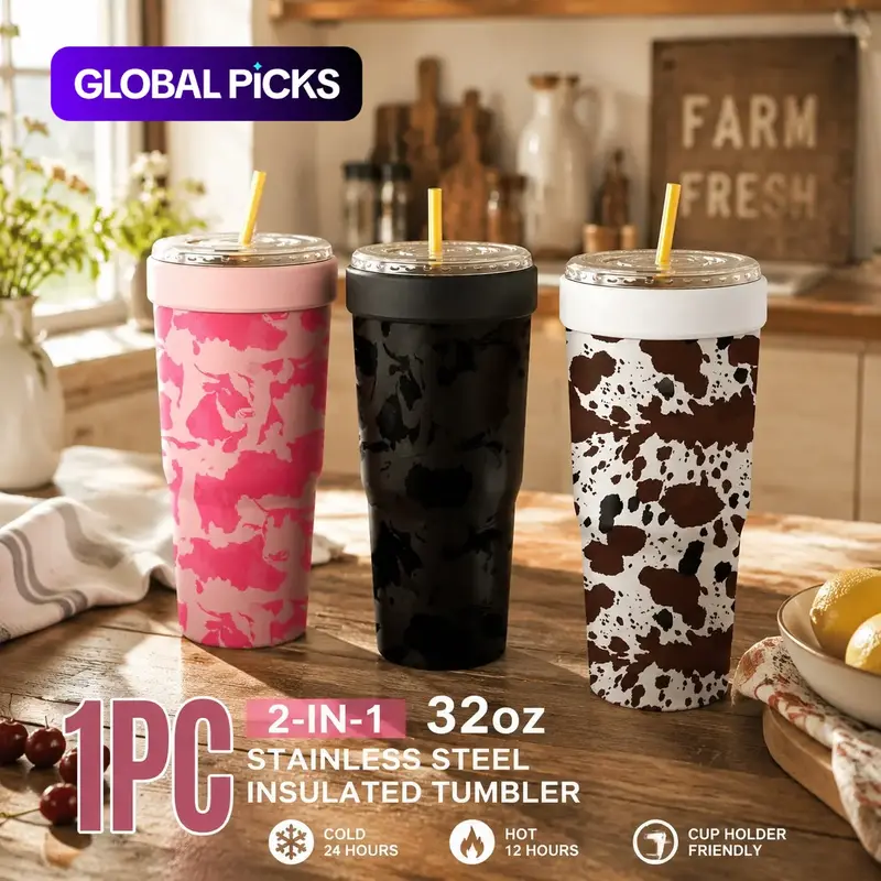 1PC Cow Print 2-in-1 Portable Insulated Tumbler & Iced Coffee Cup Sleeve, Leakproof Double Wall Vacuum Stainless Steel Travel Mug, Keeps Cold 12+H & Hot 6+H, Fits 16-24oz To-Go Cups, Halloween, Christmas Gift for Friends & Family