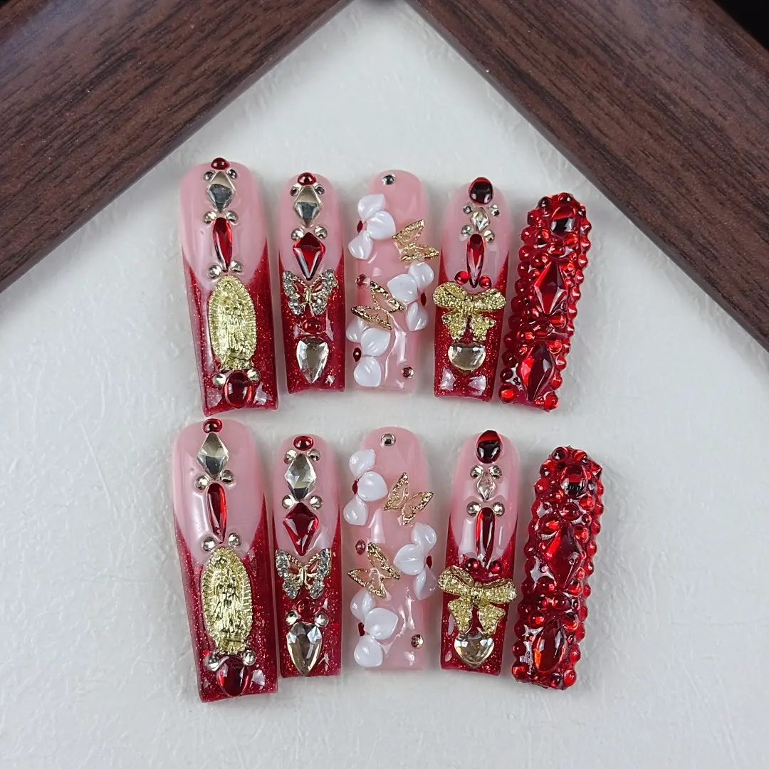 10pcs High-end Luxurious retro style, hand-painted three-dimensional bow, butterfly, dazzling rhinestones handmade fake nails, Hand Made Press On Nails, Suitable for brides to wear, for wedding banquets, Christmas and New Year events.
