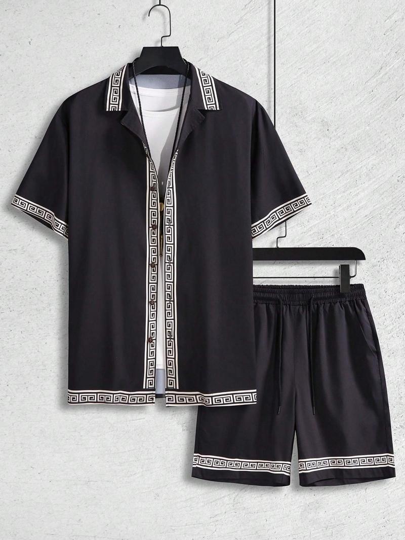 Men's All Black Outfit Set Short Sleeve Button Down Shirt with Matching Shorts Modern Minimalist Streetwear for Urban Style