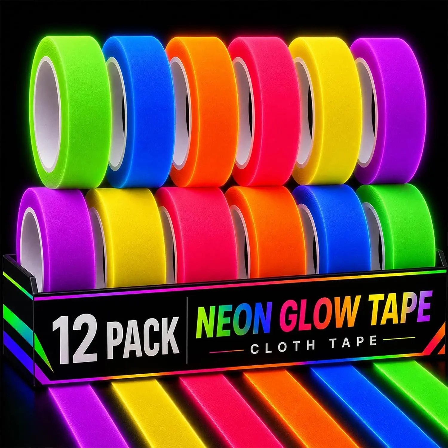 12 Pack Neon Gaffer Cloth Tape, UV Blacklight Fluorescent Reactive Tape