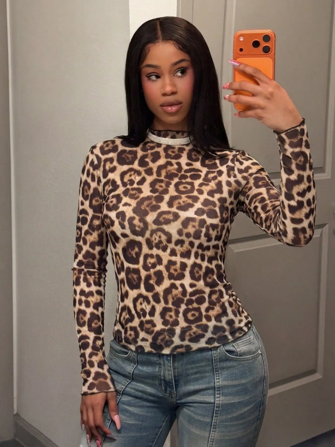 Women Leopard Print Mesh Long Sleeve Top Rhinestone Half Turtleneck Slim Fitted Y2K Casual Shirt