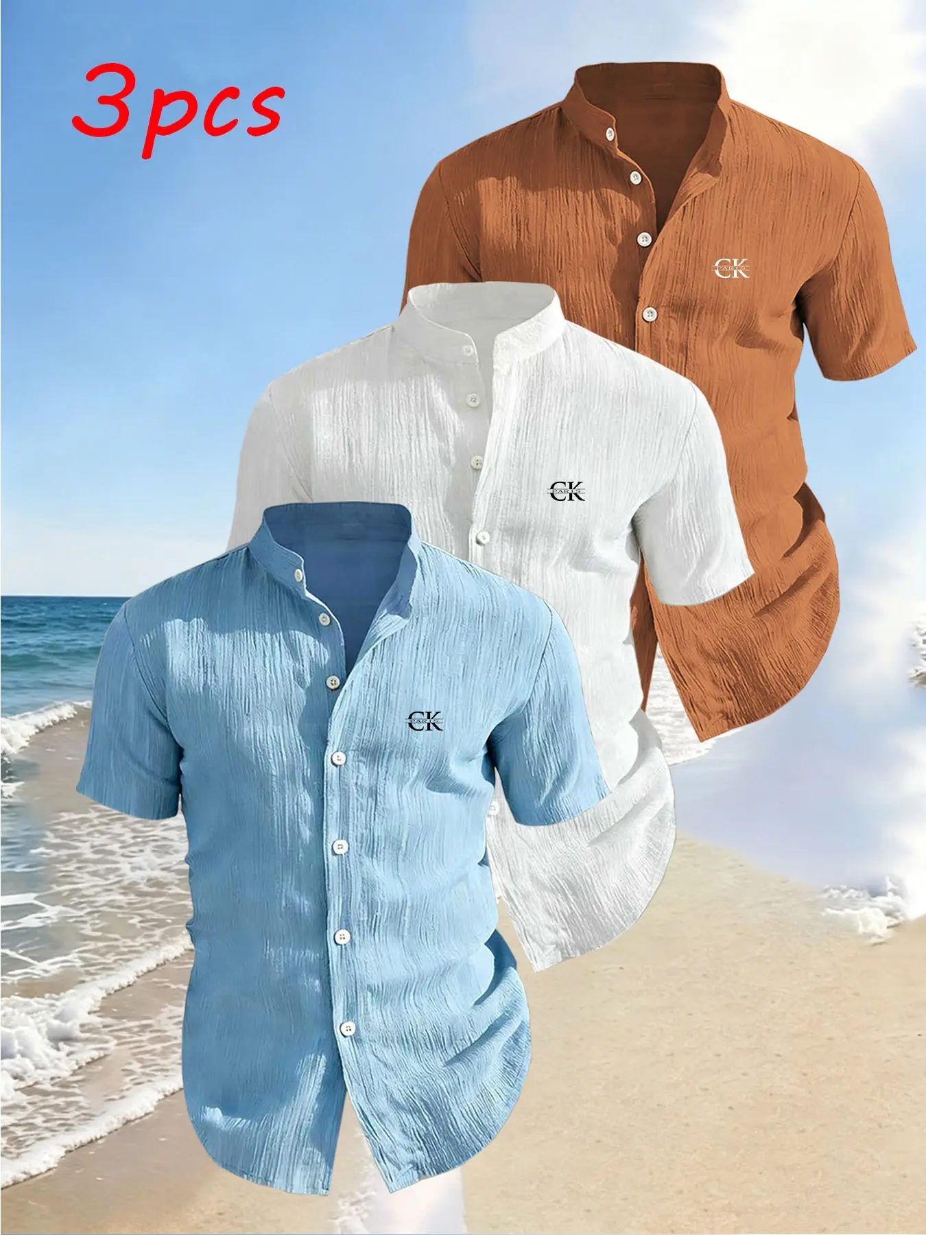 3-Pack Men's Summer Tropical Short Sleeve Casual Shirts, Chest Print Design, Lightweight Breathable Solid Stand Collar Button Shirt, Ideal for Beach Poolwear
