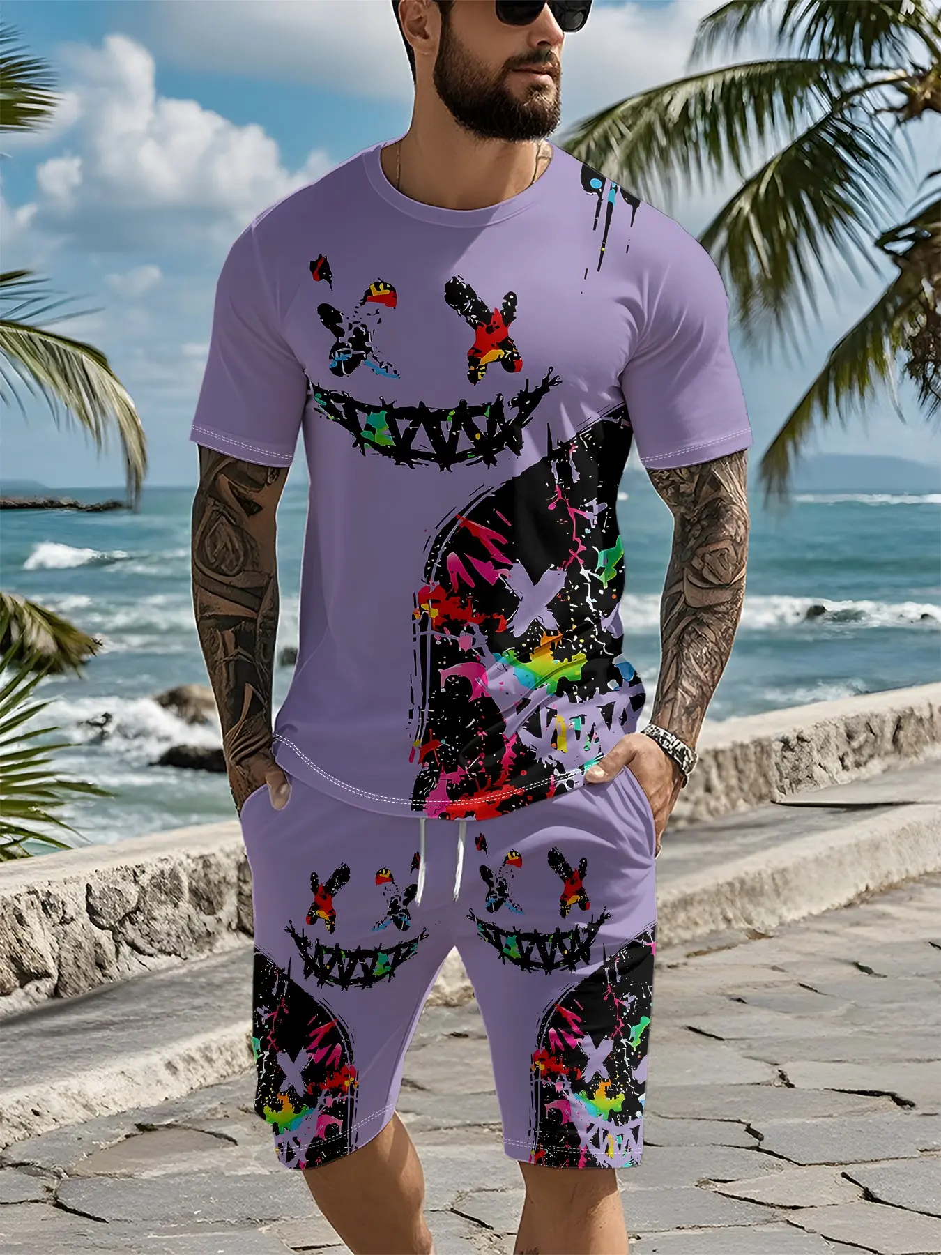 Two-piece set with all-over 3D digital print of taro purple splashed ink smiley graffiti, 2Pcs, Casual clothing set, retro casual two-piece outfit, vacation style wear, breathable sporty casual style, an ideal holiday gift for men