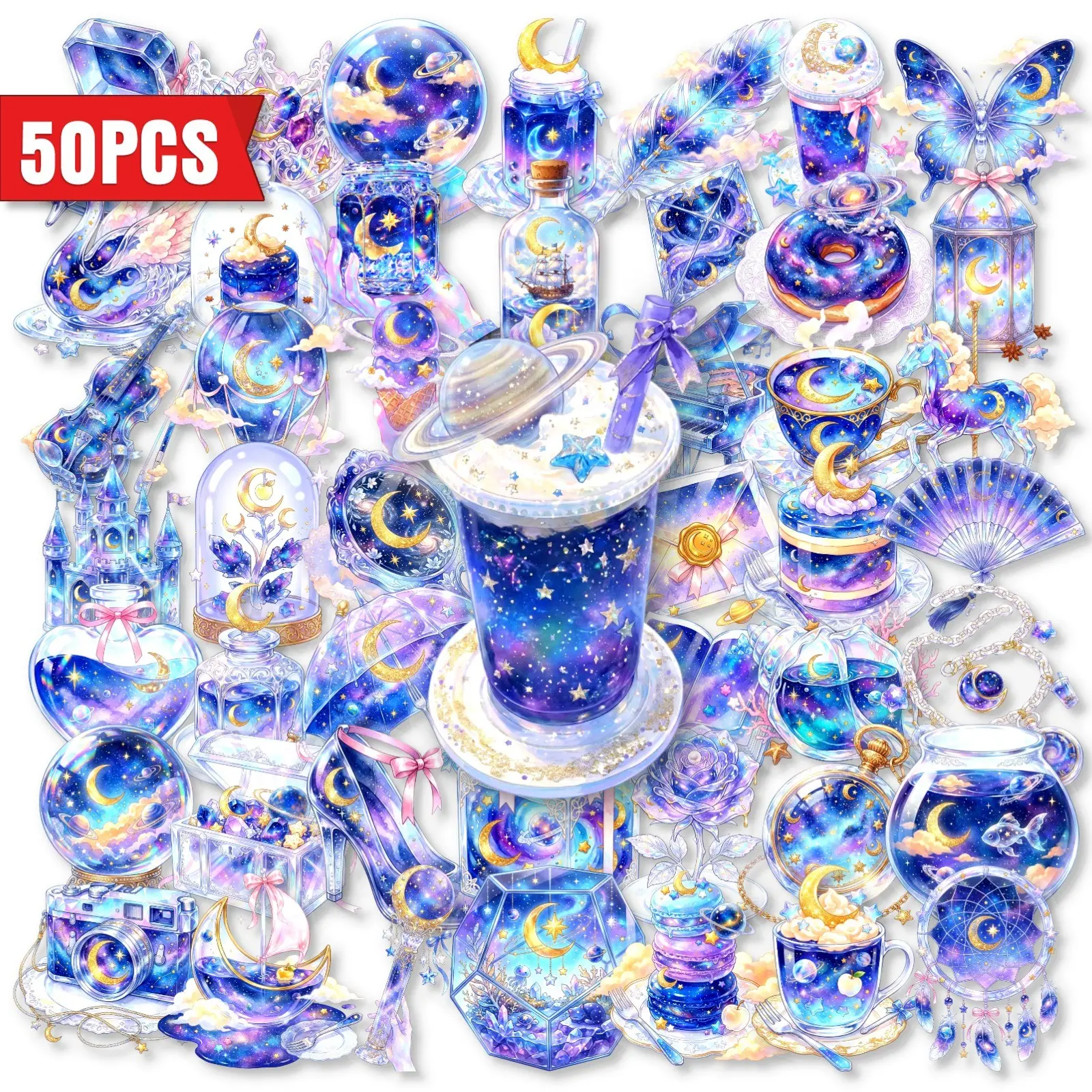 50 Sheets DIY Blue Starry Crystal Stickers, Waterproof PP Stickers for Phone Cases, Cups, Laptops, Holiday Gifts, Home Decor
