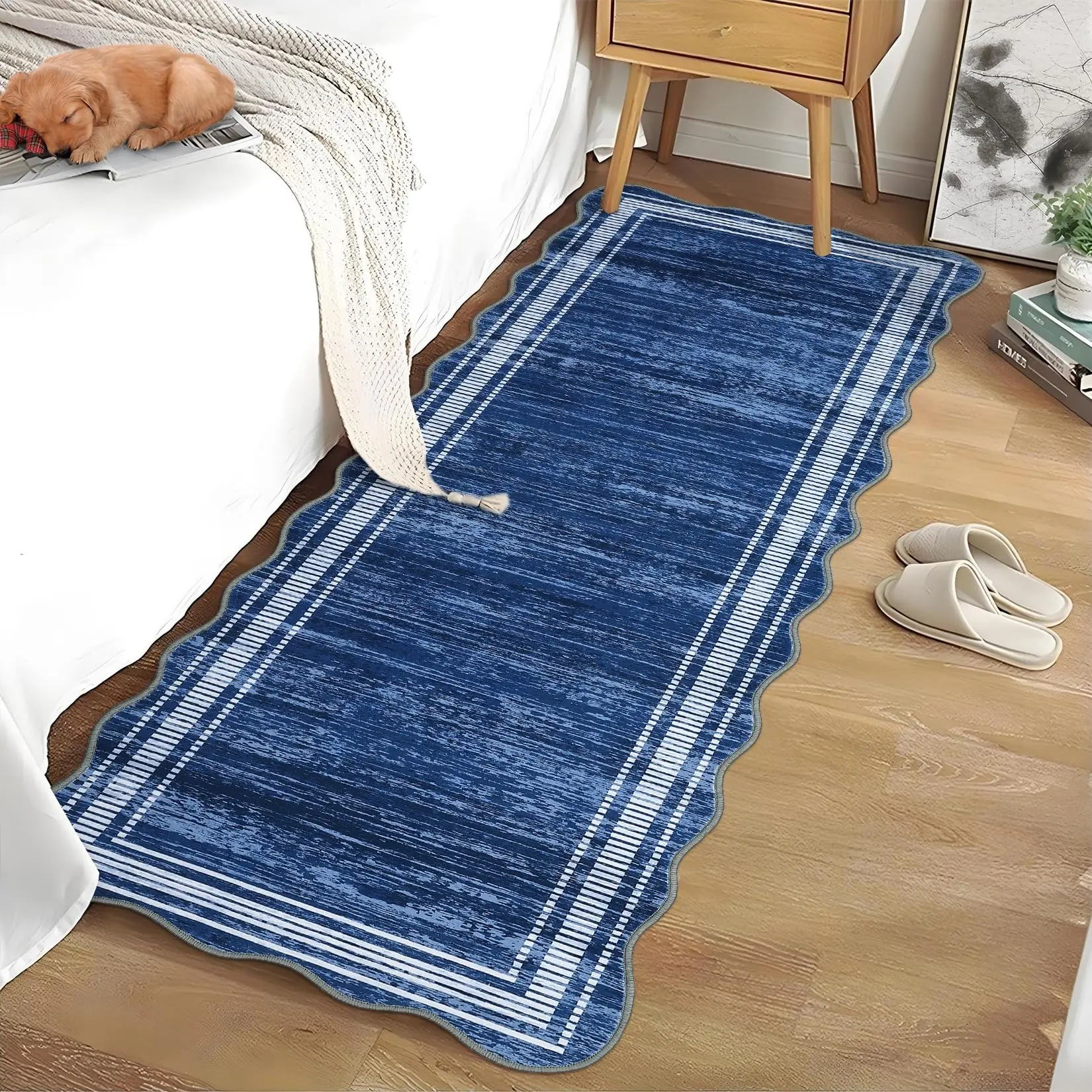 Garvee Washable Runner Rug 2x6 Kitchen Runner Rug Modern Scalloped Throw Carpet Non Slip Stain Resistant Indoor Carpet Soft Laundry Room Floor Cover for Bathroom Bedroom Entryway,Navy
